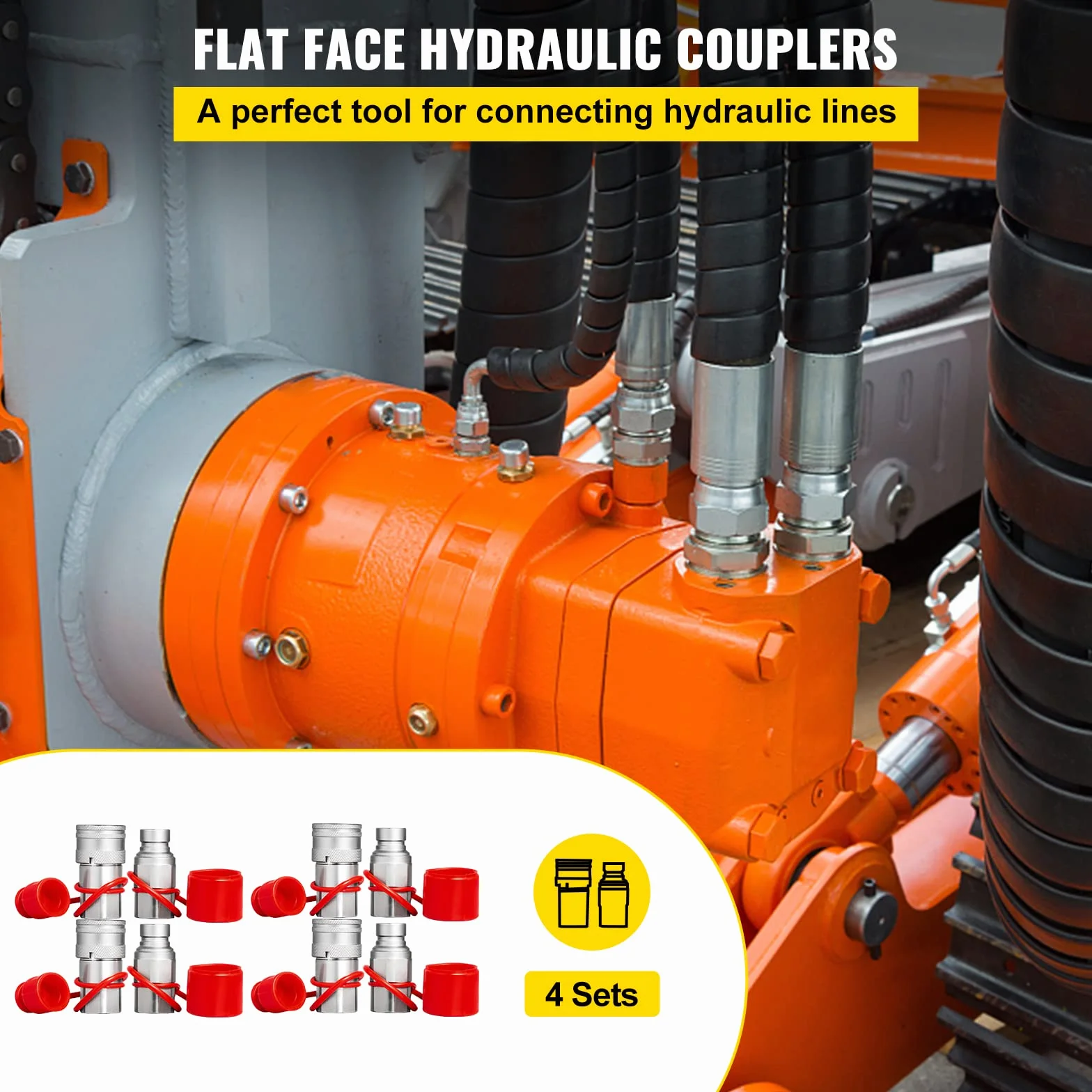 VEVOR Acoplamiento Hidráulico de Conexión Rápida 4 Kits Acoplamiento Hidráulico de Conexión Rápida Cuerpo 12,7 mm Rosca 1/2" NPT Acero Cara Plana Gran Caudal 45,5 L/min Conector para Línea