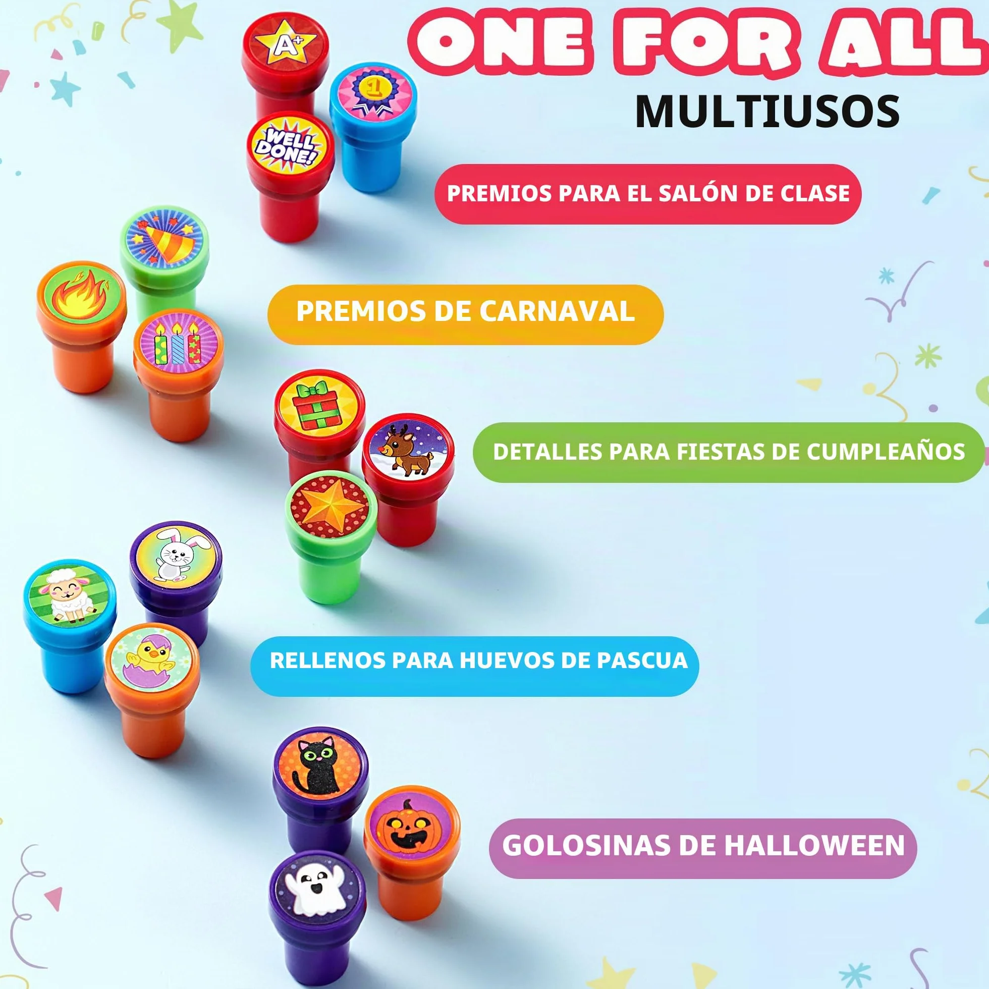 JOYIN 50 sellos autoentintados surtidos para niños con 50 diseños para fiesta de cumpleaños, premios, Halloween, Navidad