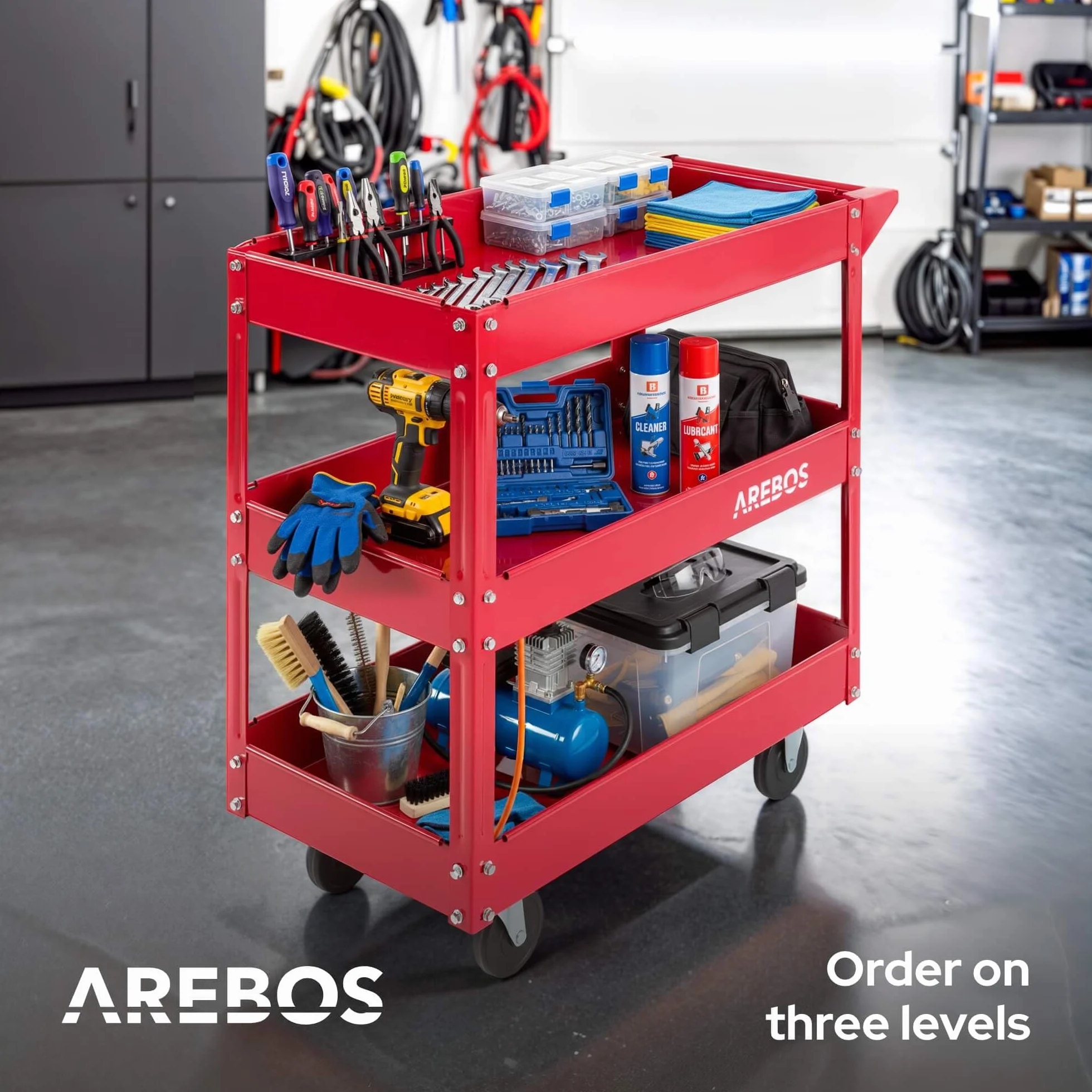 Arebos Juego de 2 Carros de Taller con 3 Estantes | Estructura de Acero Robusta | Capacidad hasta 120 kg | Carro Móvil para Taller, Garaje y Bricolaje