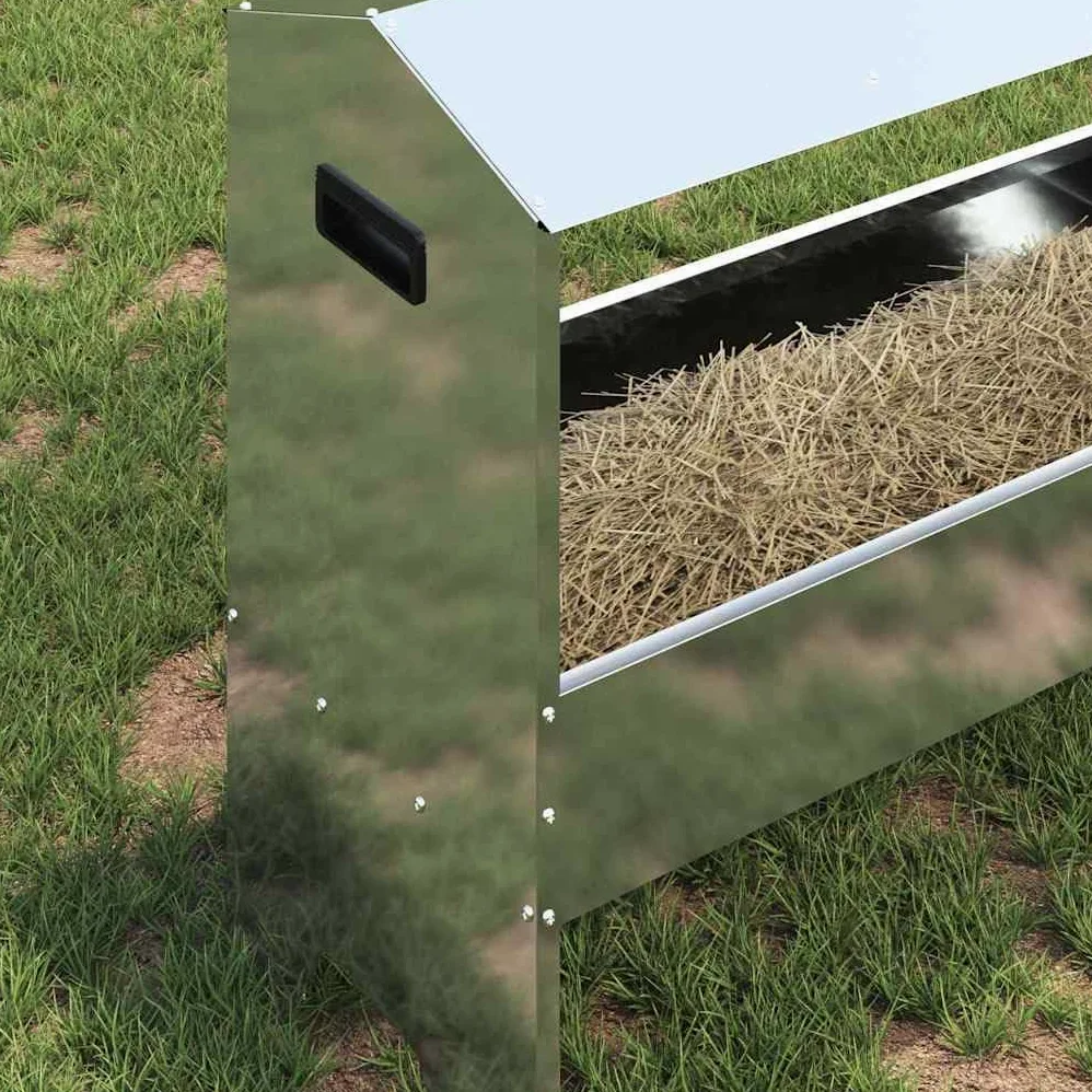 Comedero para animales de granja de acero galvanizado plateado, 79 x 35 x 62 cm, capacidad de 15 kg, resistente a la intemperie, para interior y exterior, comedero estable para establo y