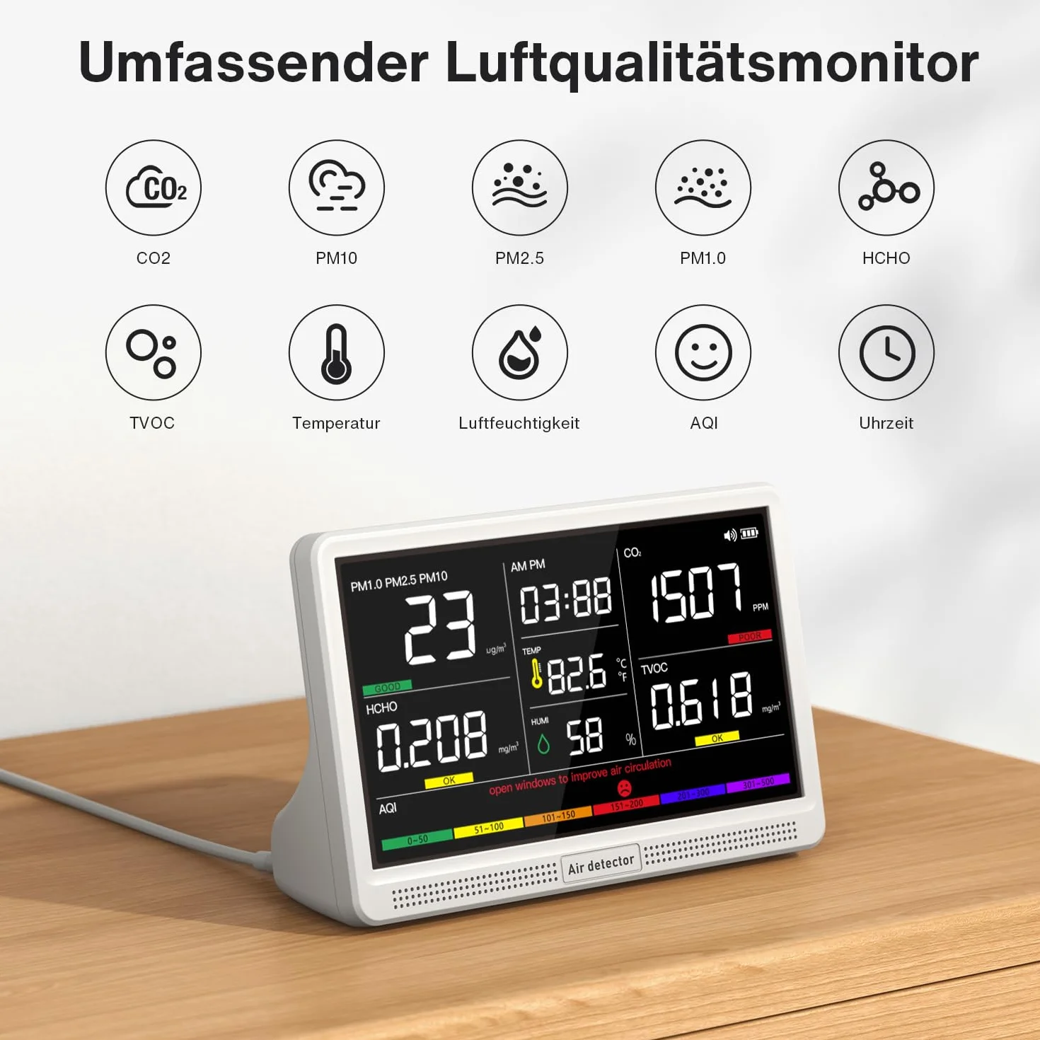 bonoch Monitor de Calidad del Aire 16 en 1 para Interiores con Pantalla de 7" – 9 AQI + 7 Alertas AQI – Medidor de CO2, TVOC, PM2.5, PM1.0, PM10, HCHO, Temperatura, Humedad, AQI y Hora – Para Hogar