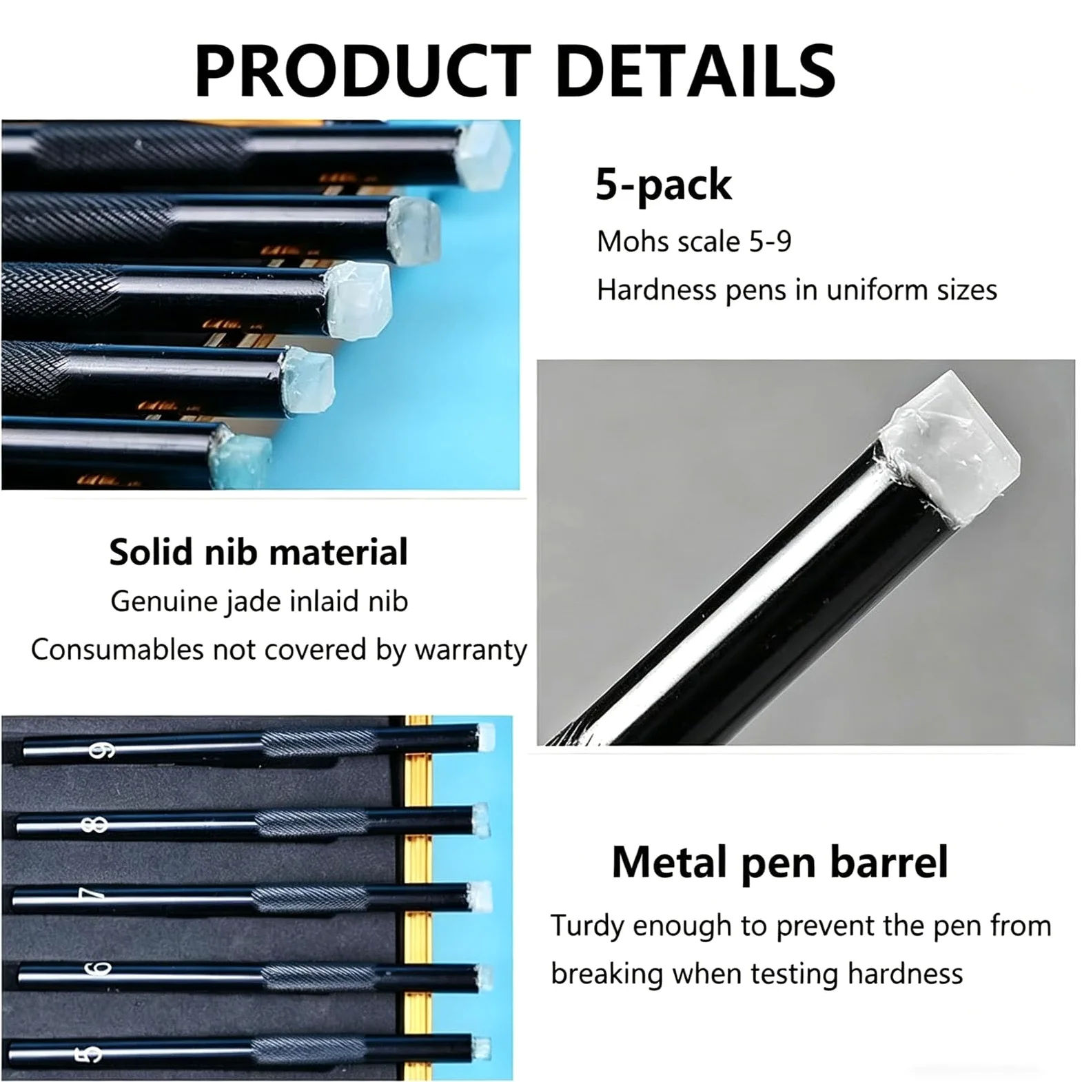 Kit De Prueba De Dureza Mohs De 5 Piezas, Kit Portátil para Medir La Dureza De Metales, Puntas De Dureza Mohs 5-9, Probador De Rayado, para Joyería De Jade, Rocas Y Minerales