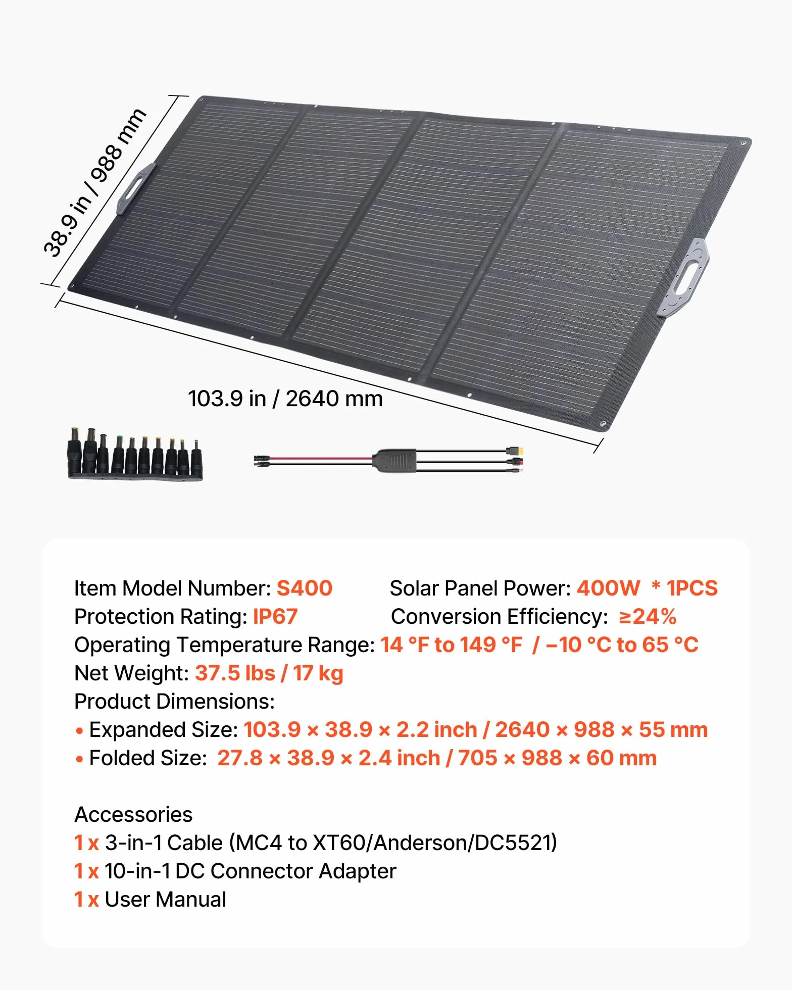 VEVOR Placa Solar Plegable 400W, Panel Solar Monocristalino Portátil, Eficiencia 24%, con Cable de MC4 y Adaptador de Conector, IP67 Impermeable, Compatible con Estaciones de Energía Acampada Viajes