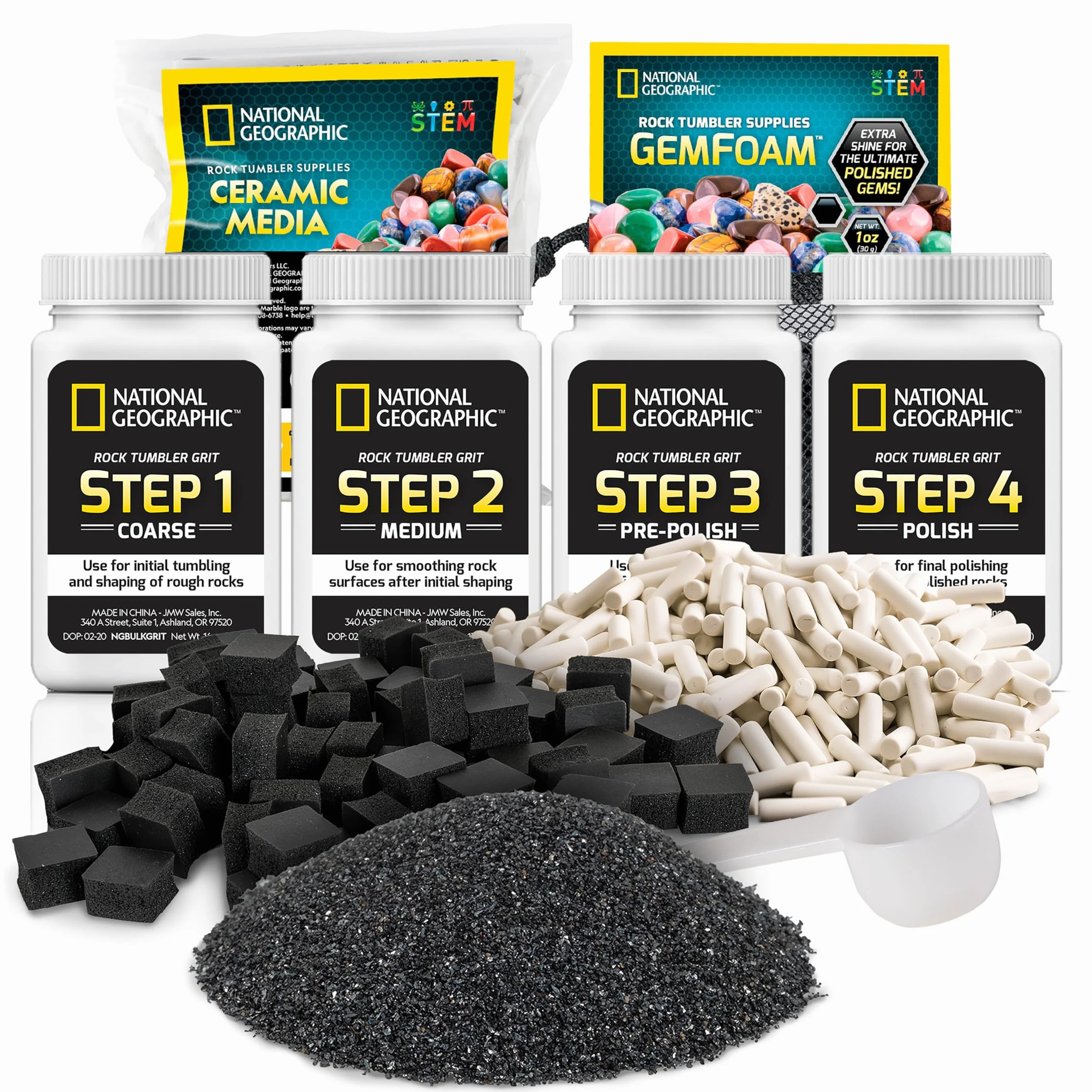 Blue Marble National Geographic Rock Tumbler Media - Kit de suministros para el pulido de rocas, grano a granel de 4 etapas, 680 g de pellets de cerámica y medios de pulido GemFoam