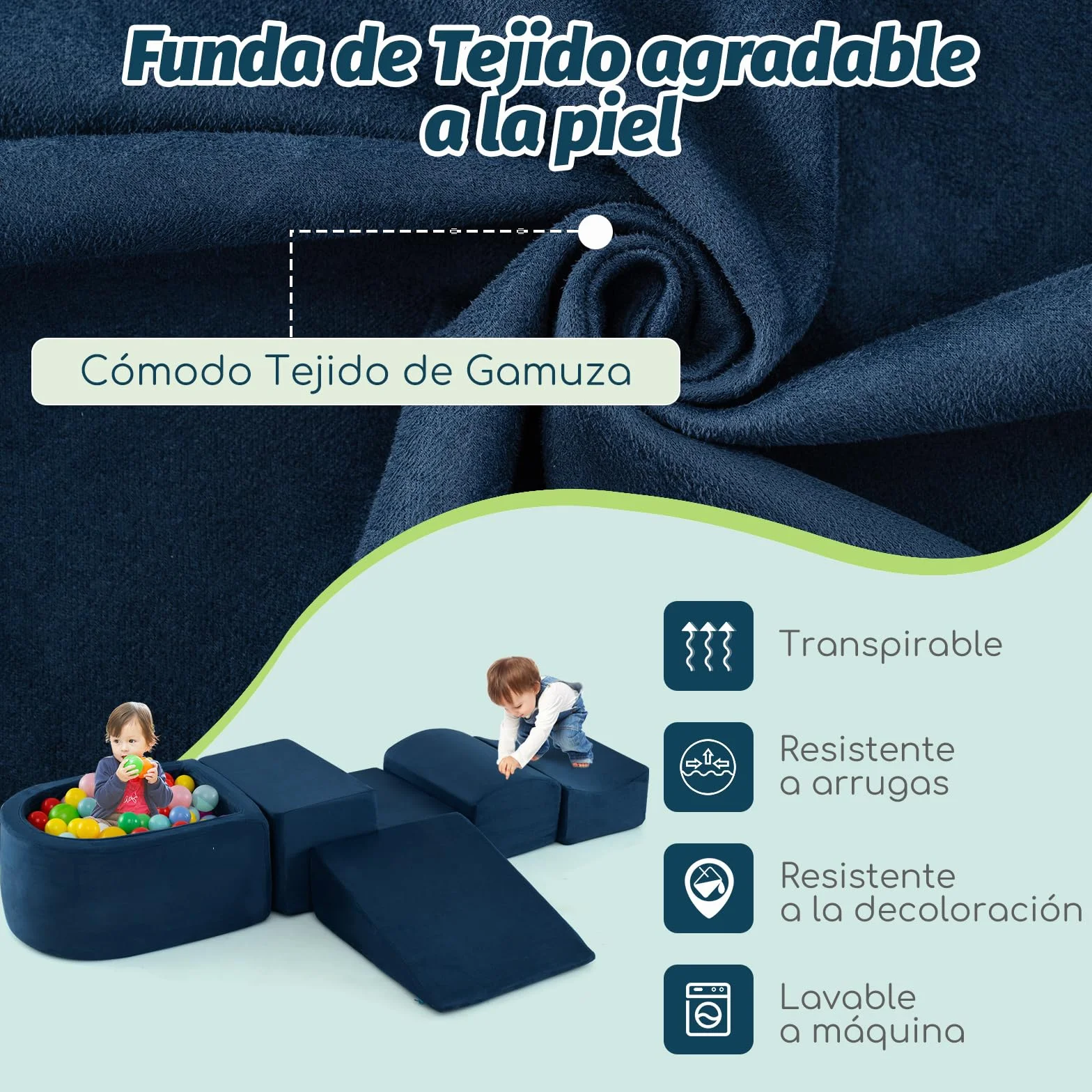 COSTWAY Juego de Escalada y Rampa 5 Piezas, Bloque de Escalada con Piscina de Pelota Infantil, Funda Lavable