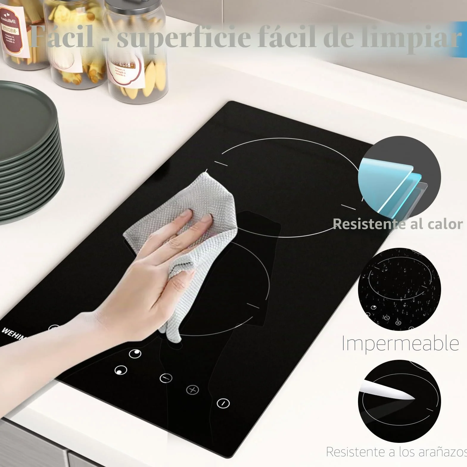 WEHIMO Placa Vitrocerámica 2 Zonas 3000W Control Táctil Seguridad Infantil Temporizador