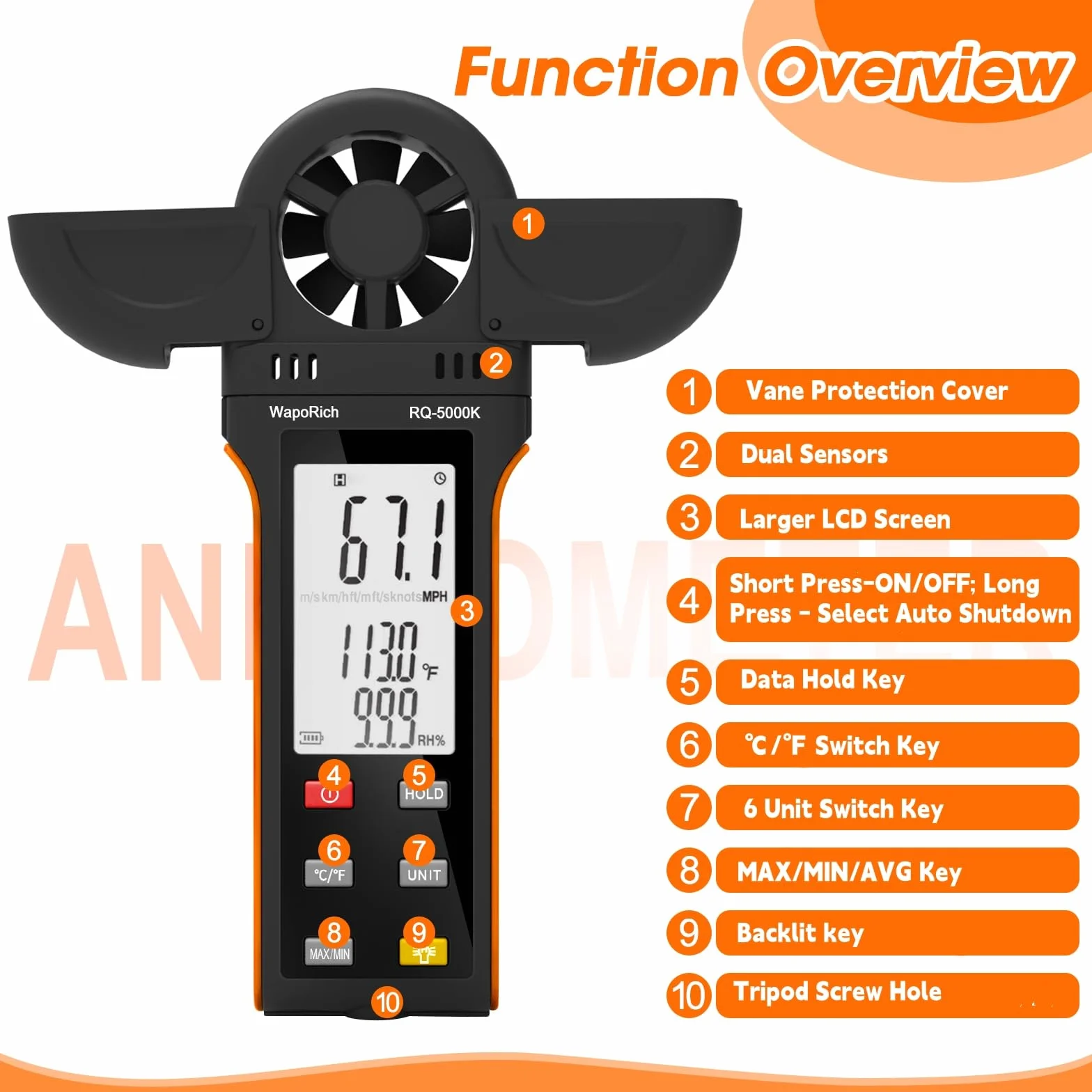Anemómetro digital WapoRich RQ-5000K portátil medidor velocidad viento humedad temperatura MAX/MIN/AVG