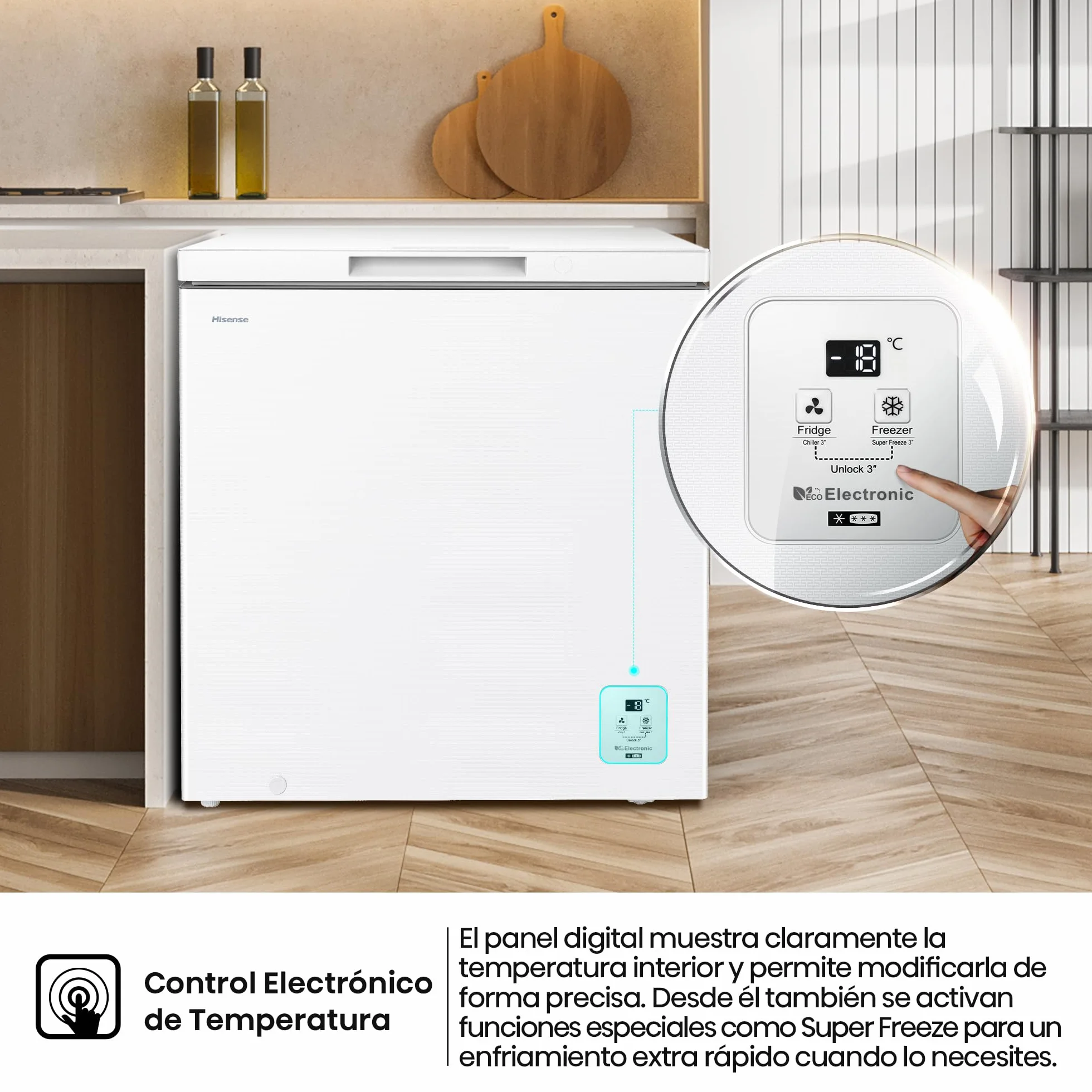 Hisense Arcón Congelador Horizontal 198L 86cm Congelación 360° Congelador Convertible Control Electrónico Temperatura Freezer Protect Blanco