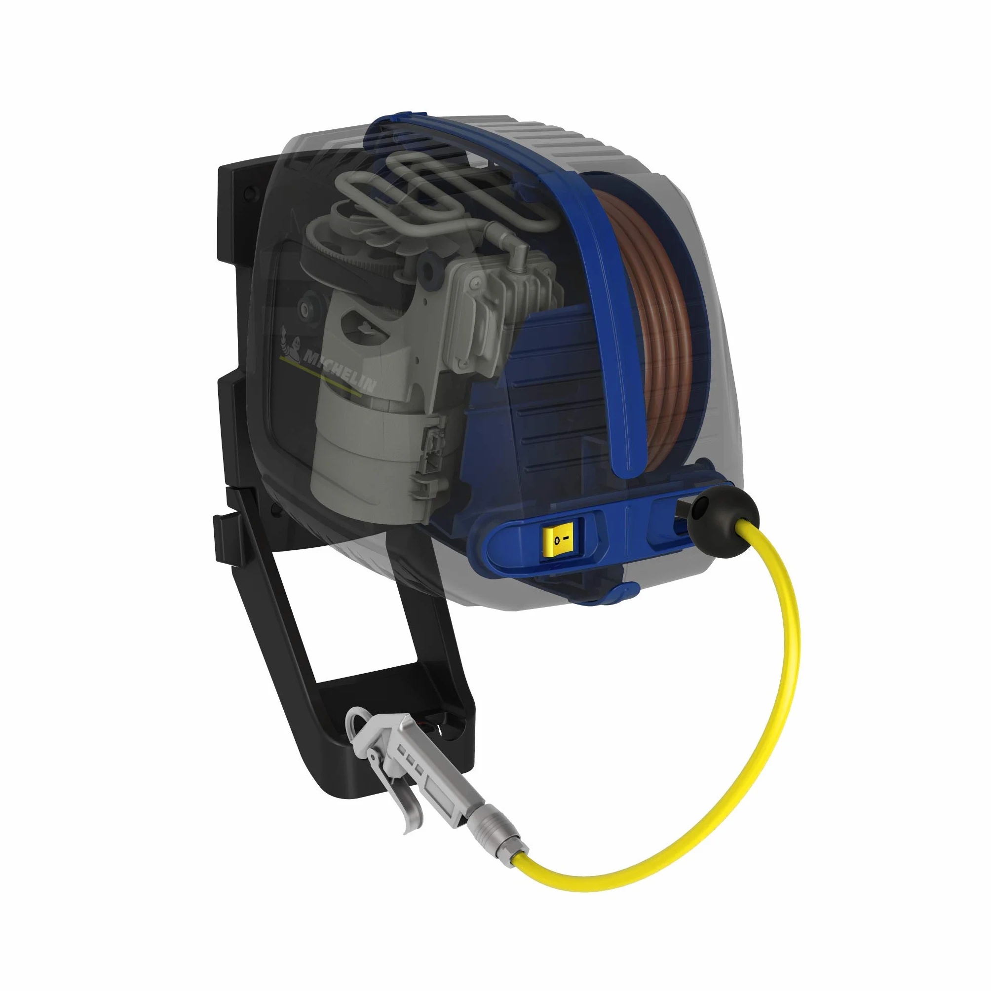 MICHELIN - Compresor de aire mural MBL GO con enrollador de manguera - Manguera de 10 metros - Soplador incluido - Sin tanque - Sin aceite - Motor de 1,5 CV - Presión máxima 8 bar