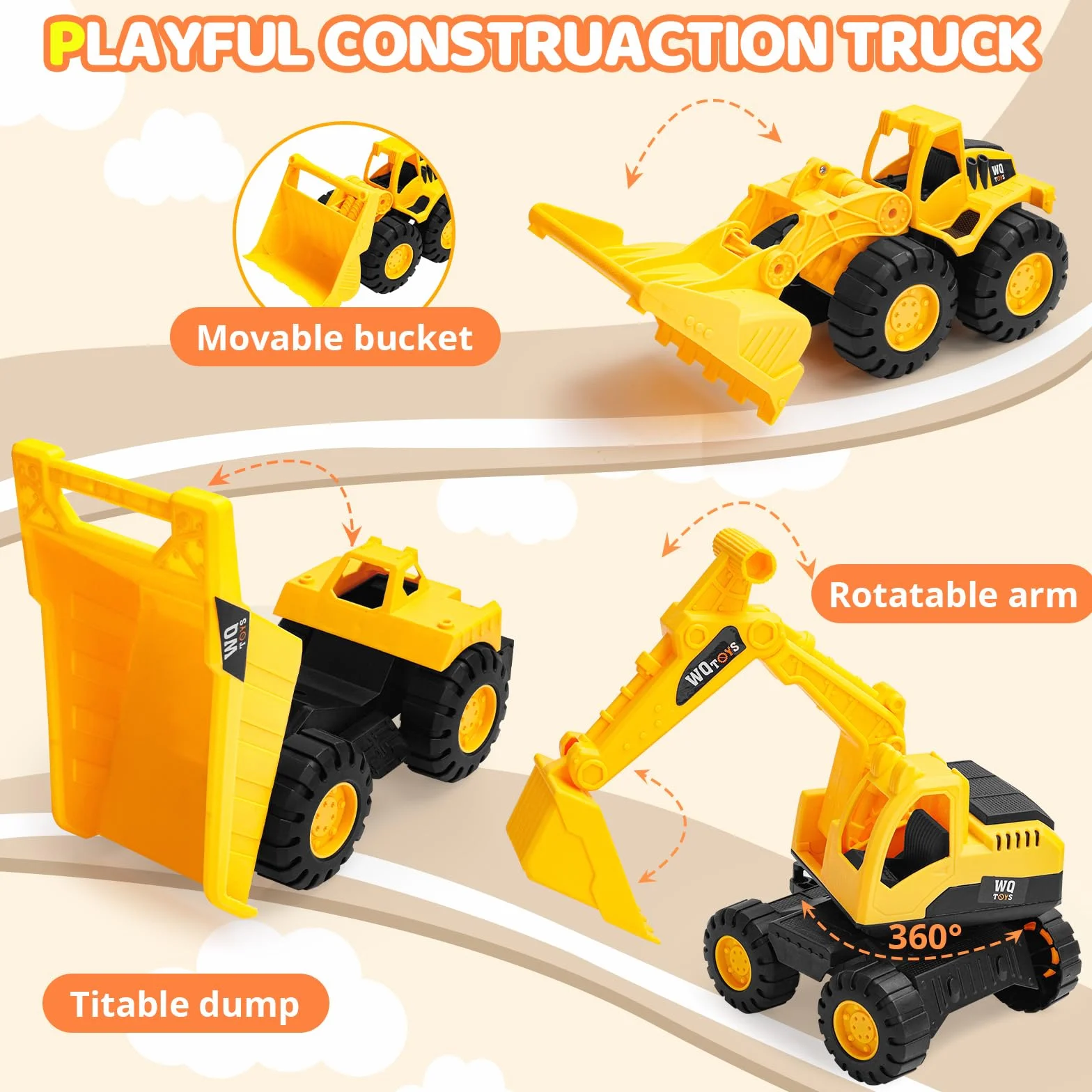 Set de 3 Camiones de Construcción de Juguete Excavadora Volquete Pala Cargadora Educativo Sensorial 3-5 Años