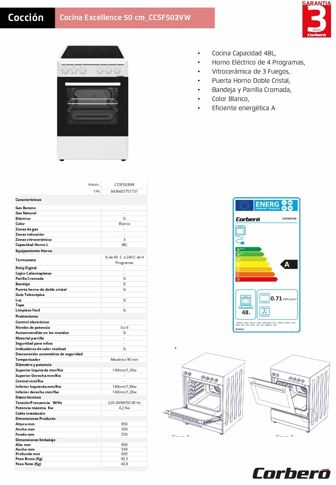 Corberó Cocina Eléctrica Vitrocerámica 3 Fuegos CCSF503VW Horno 48L Doble Puerta Cristal Blanco