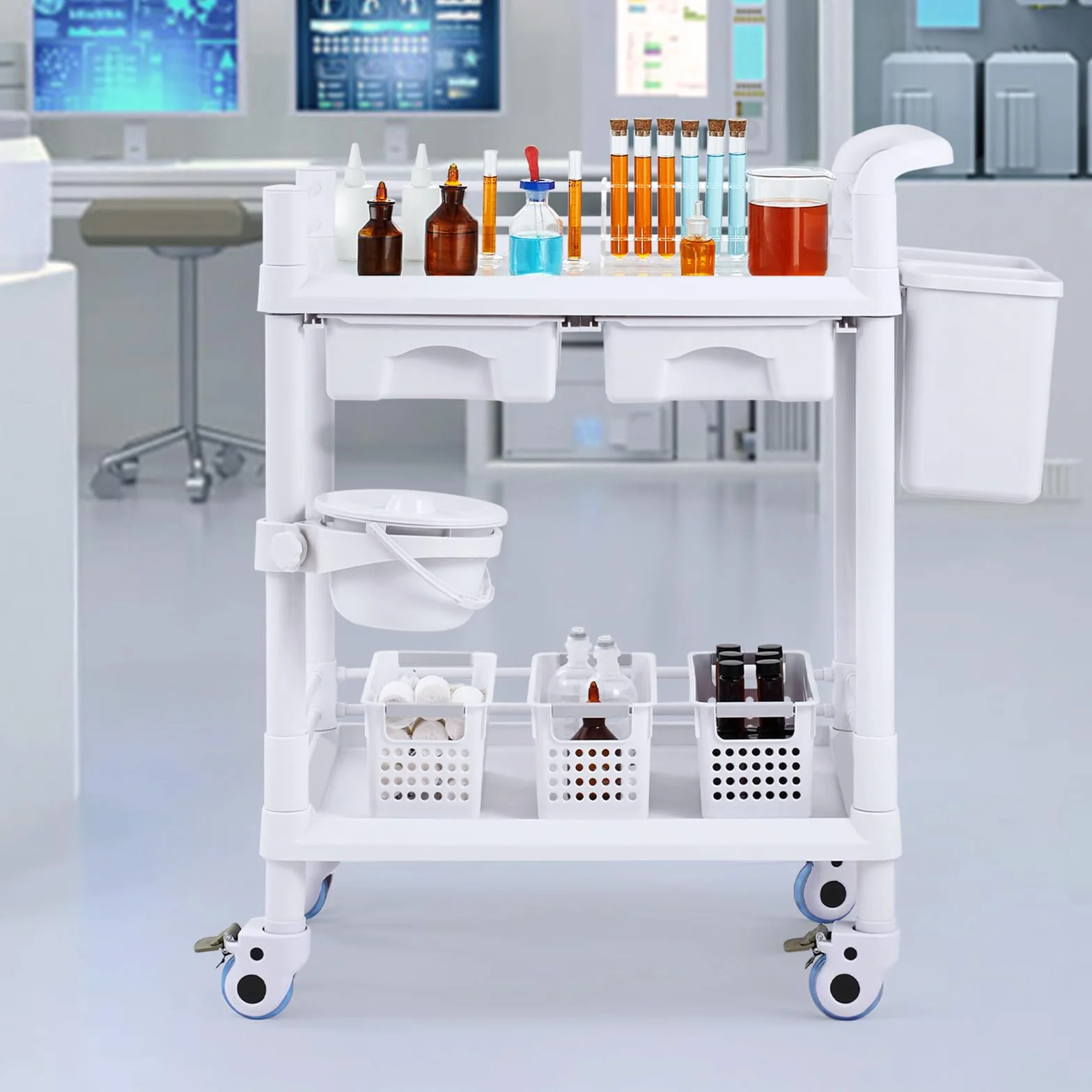 VEVOR Carro Médico 2 Niveles con 2 Bandejas 4 Ruedas Silenciosas Material PP 3 Botes de Basura Blanco