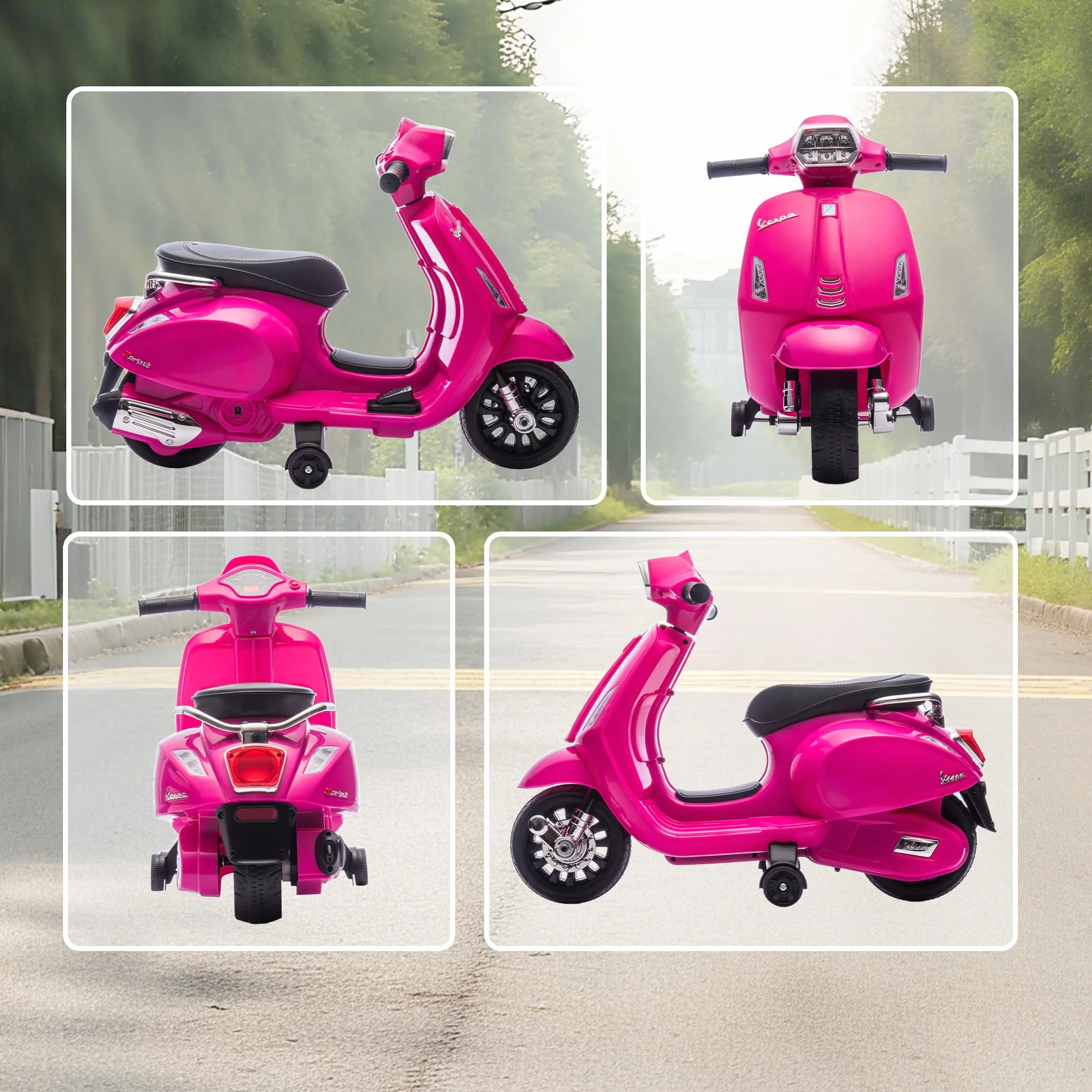 AIYAPLAY Moto Eléctrica para Niños 6V Vespa Licencia, Ruedas Auxiliares 6,9'', 2,5km/h, Faro Bocina, 2-6 Años Rosa