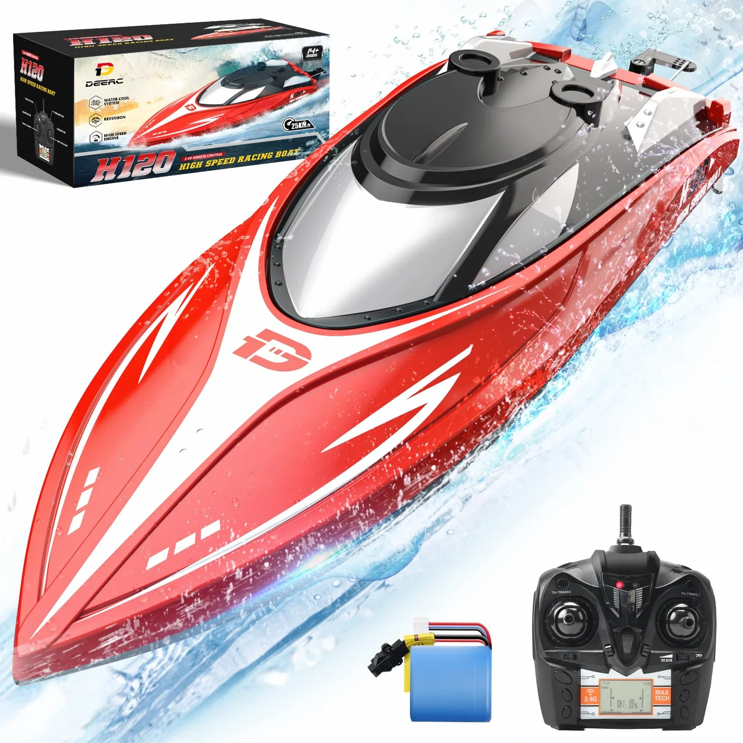 DEERC H120 Barco teledirigido rápido 2,4 GHz 20+ mph para Piscinas Lagos con 2 baterías Recargables Alarma batería baja recuperación antivuelco
