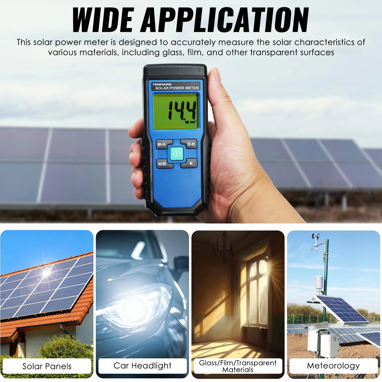 Mano Retenida Digital Solar Poder Metro (Piranómetro) 2000 W/m2, 634BTU / (ft2xh) Medición Solar Radiación Energía Insolación Ensayador