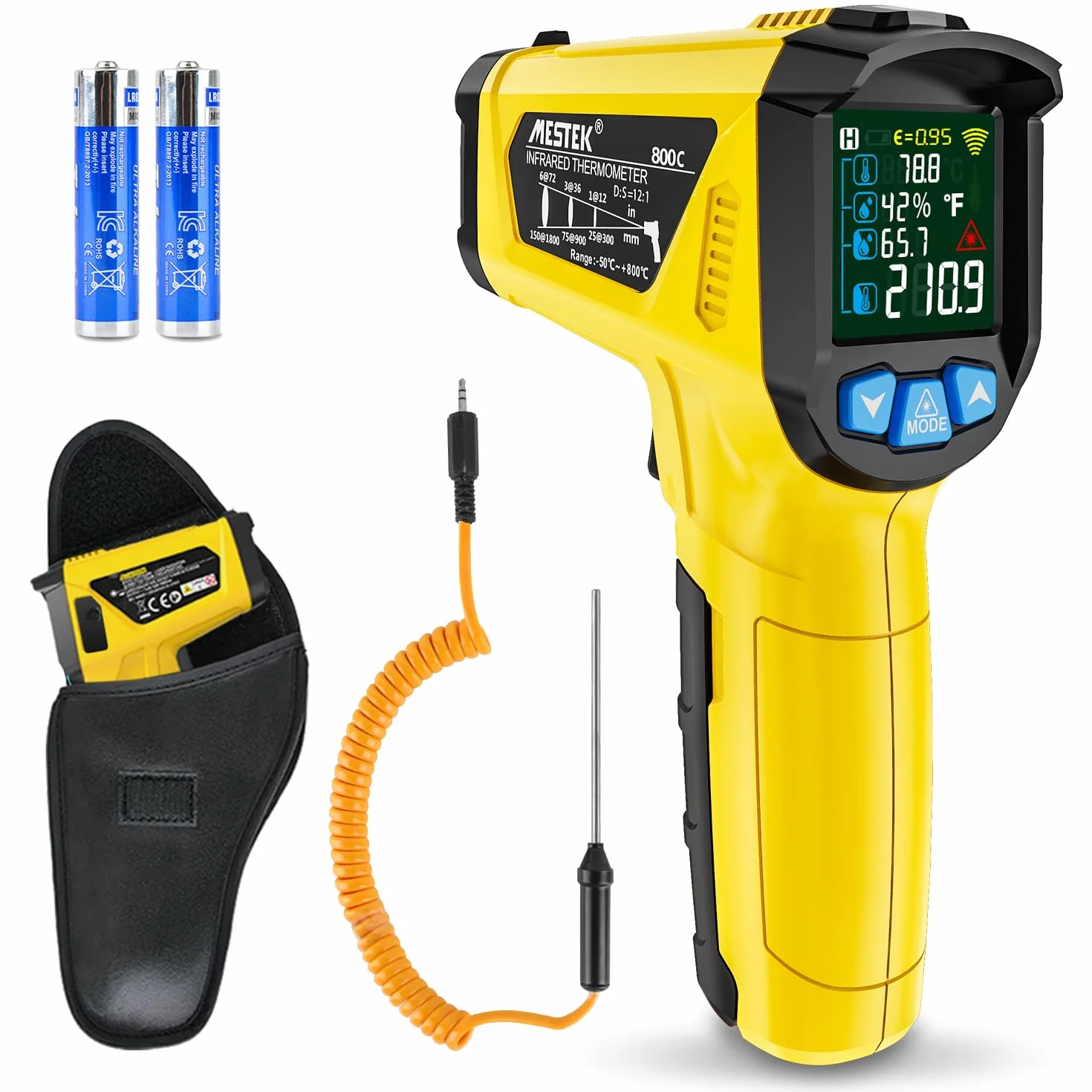 Termómetro Infrarrojo MESTEK -50°C~800°C Pistola Temperatura Laser Sin Contacto Pantalla LCD Color Ajuste Emisividad