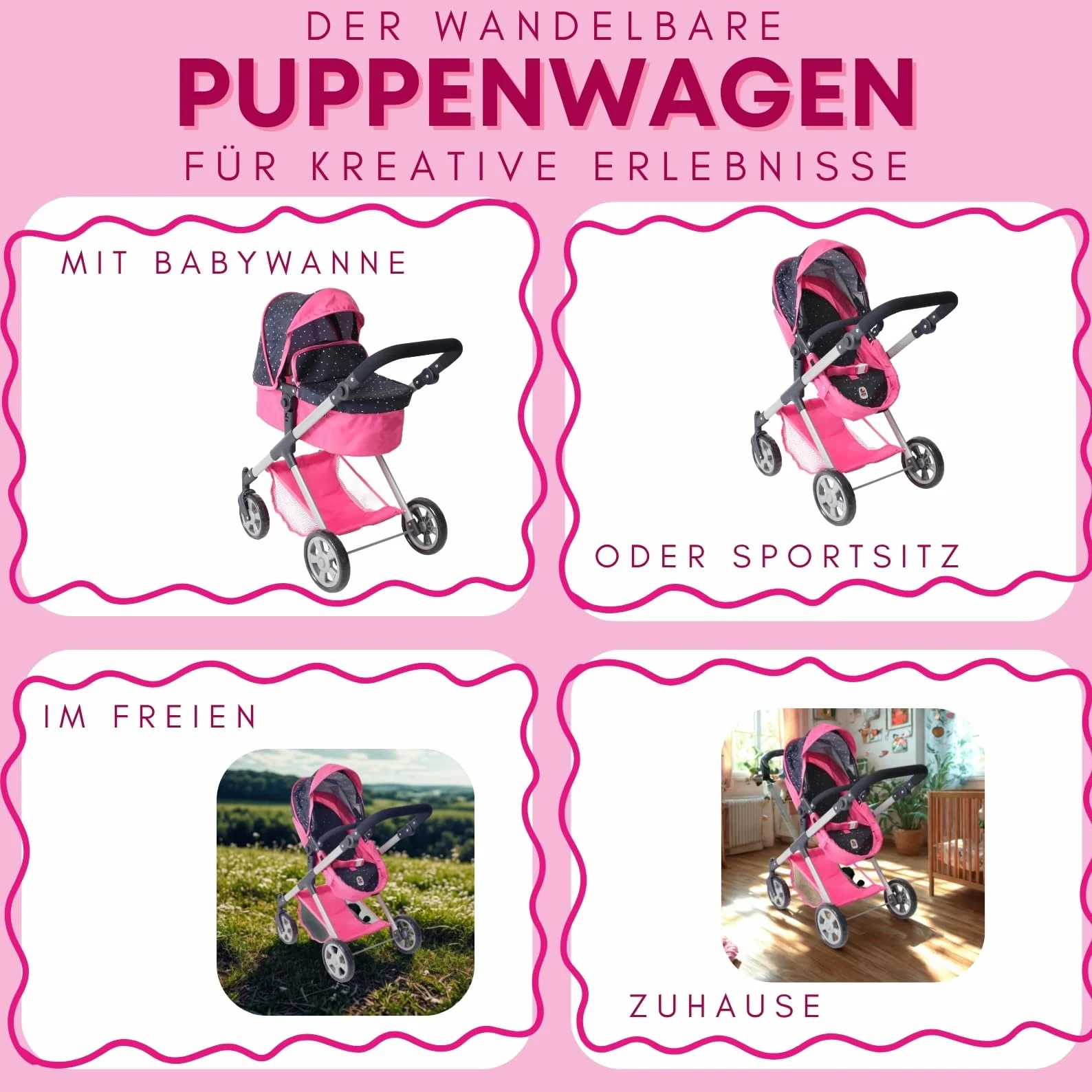 Bayer Chic 2000 Cochecito para muñecas Mila 2 en 1 Rosa Vaquero Mango Ajustable 39-72 cm 50 cm 3-7 años