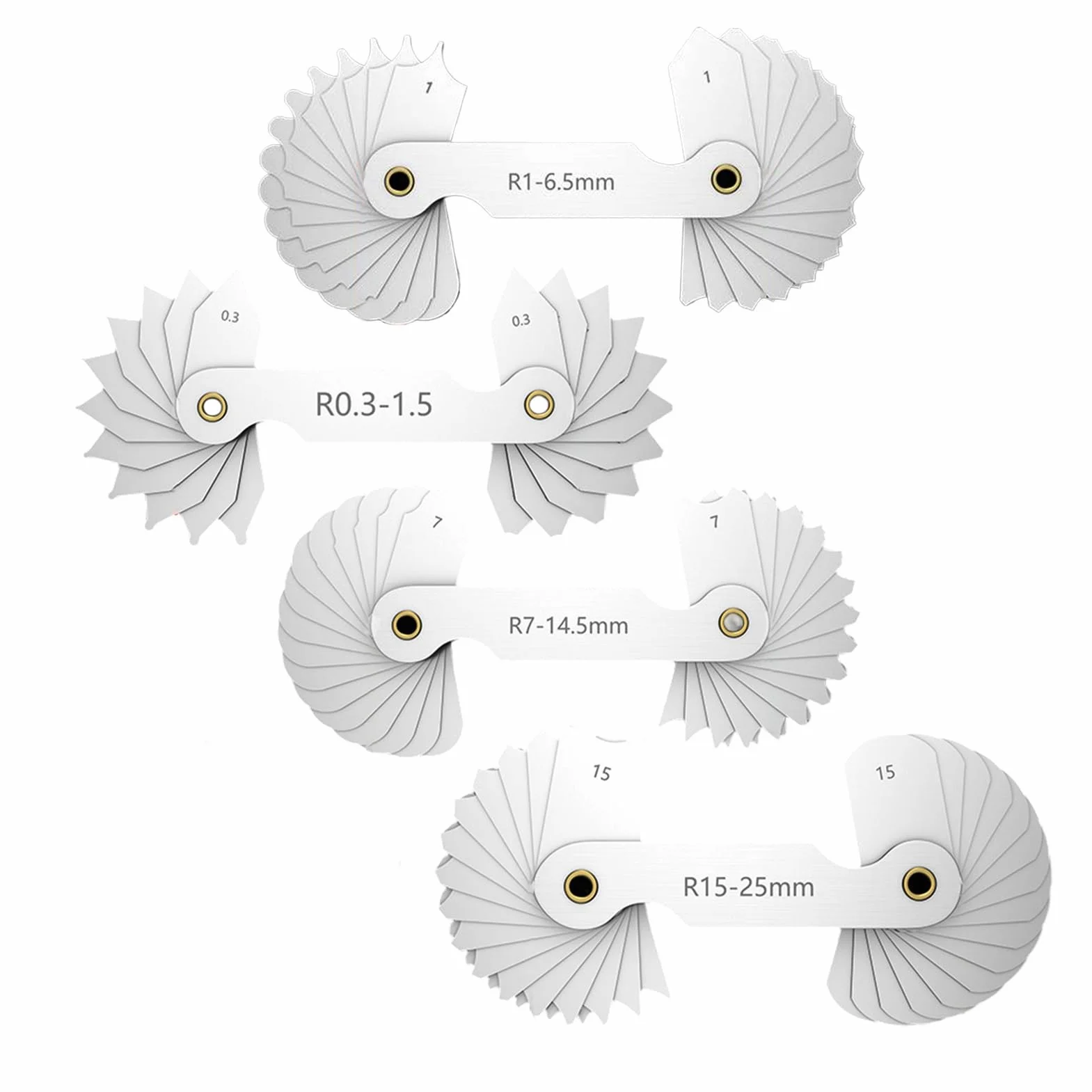 Medidor de radio de acero inoxidable R0.3-1.5 R1-6.5 R7-14.5 R15-25 4 herramientas