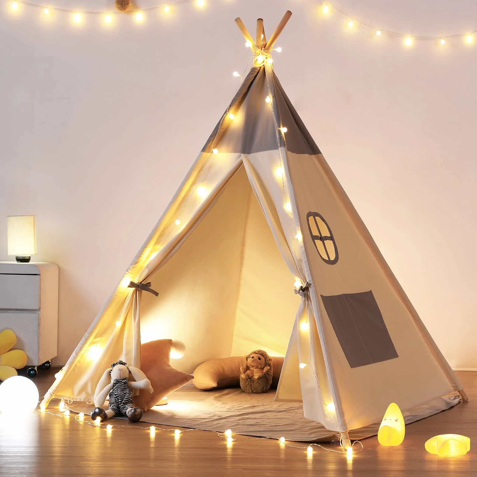 Besrey Tipi Indio para Niños Tienda de Campaña Infantil Canvas Algodón con Alfombra y Luces