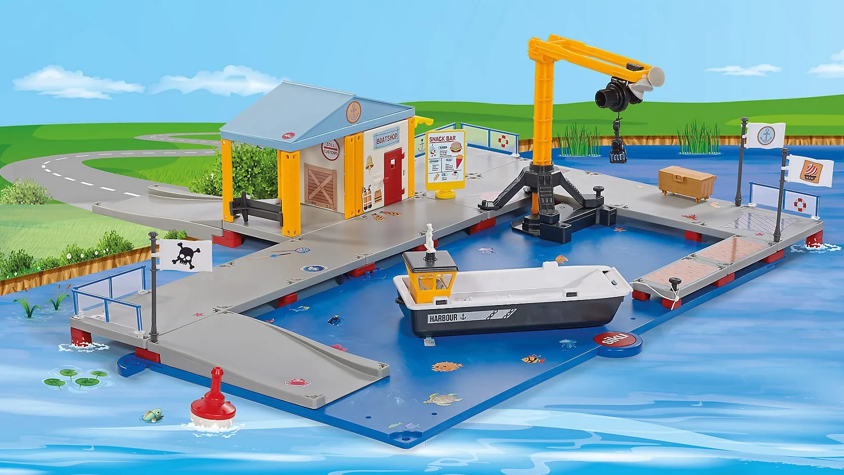 Siku 5512 Embarcadero Barco de Trabajo con Grúa y Boyas Plástico Multicolor 2 Placas Base