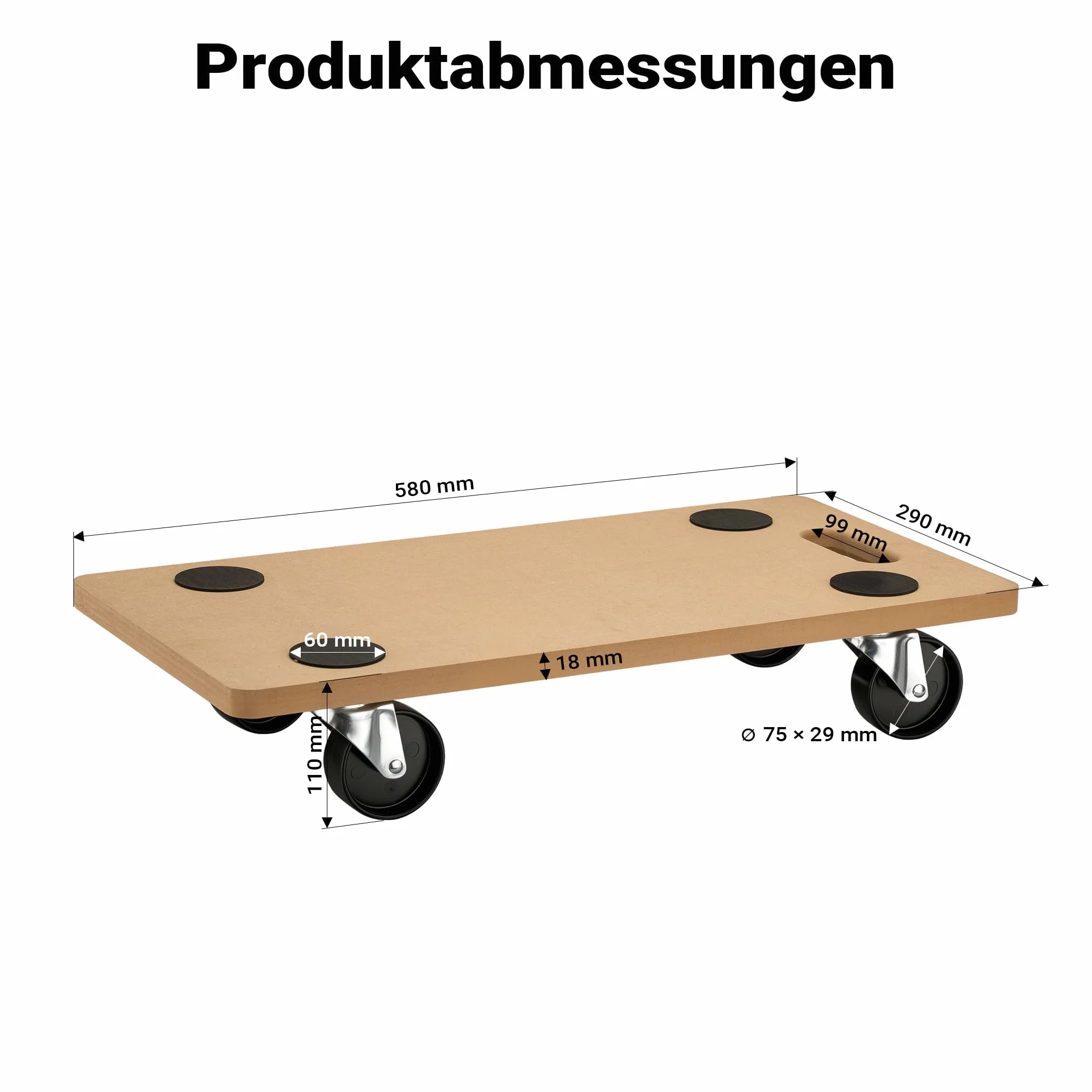 Tabla de Ruedas para Transporte MDF 580x290mm 250kg Plataforma Rodante