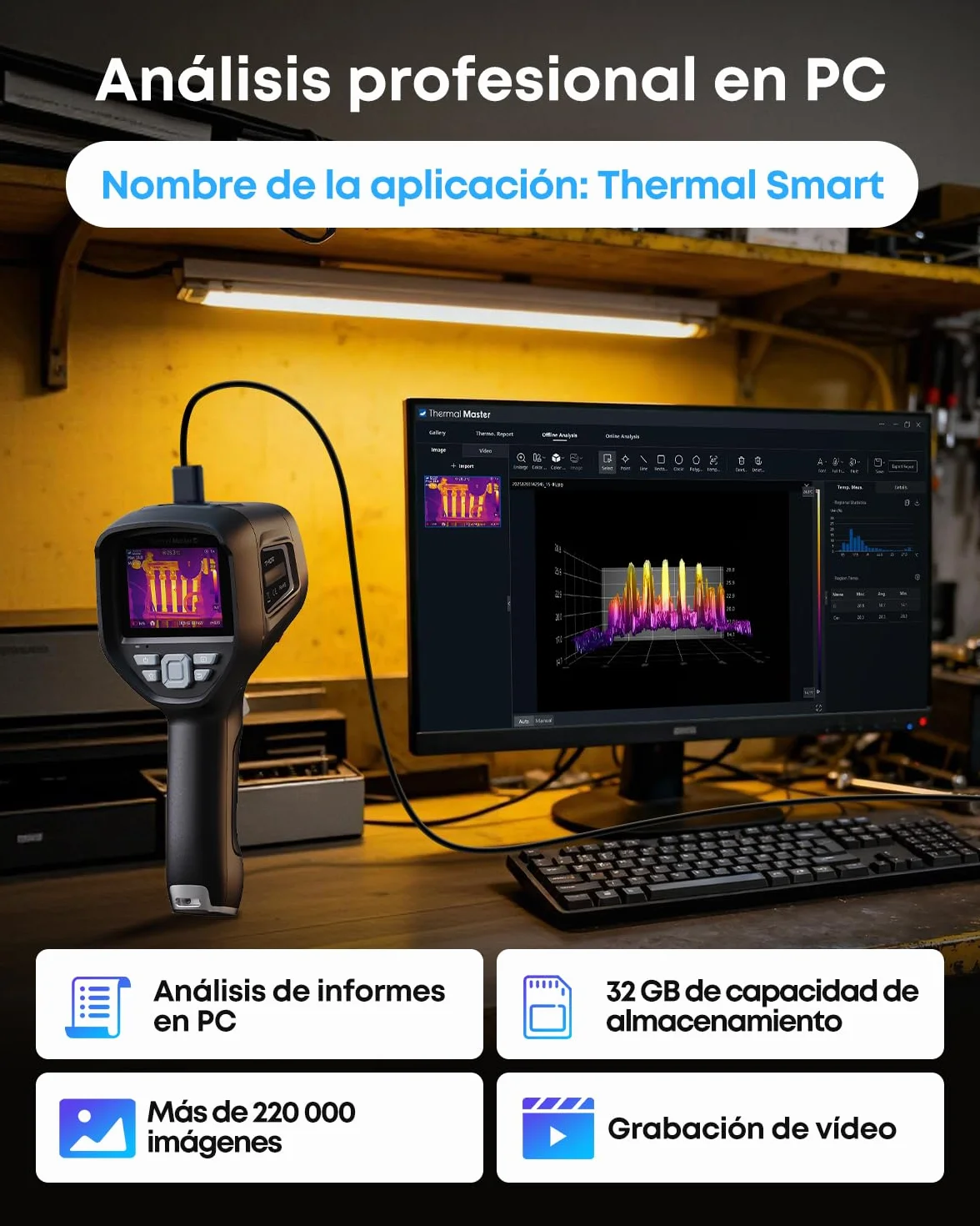 Thor 002 Cámara Térmica Portátil, Resolución 512×384 px, 25Hz, Pantalla IPS 3,5", -20°C a 550°C, WiFi & App/PC Análisis, IP54 para Electricidad, Industria y HVAC