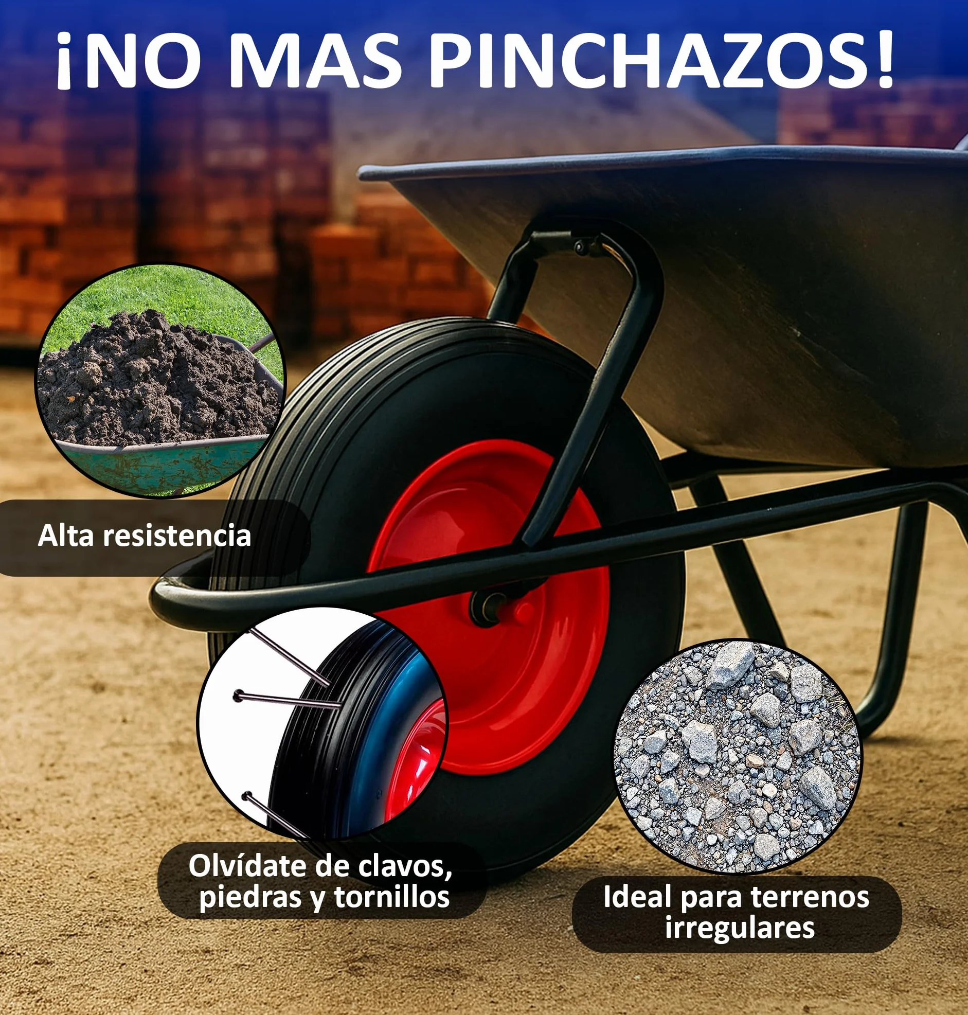 Rueda Para Carretilla Maciza 3.50-8 Con Eje Metálico Impinchable Núcleo De Acero 36 Cm Diámetro