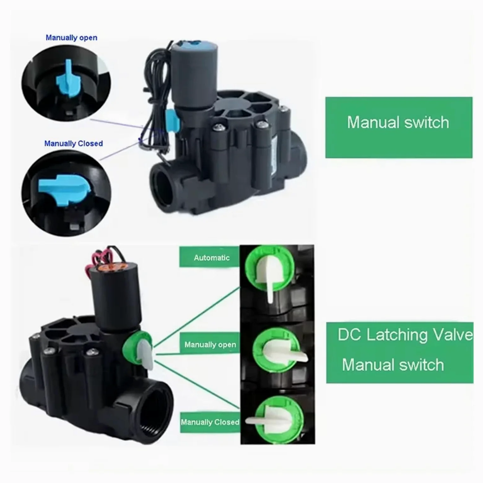 Electroválvula de riego de 3/8'', 2 vías, 2 Posiciones, N/C, 220 V, 12 V, 24 V CC, con Enclavamiento for riego agrícola(DC 24V)