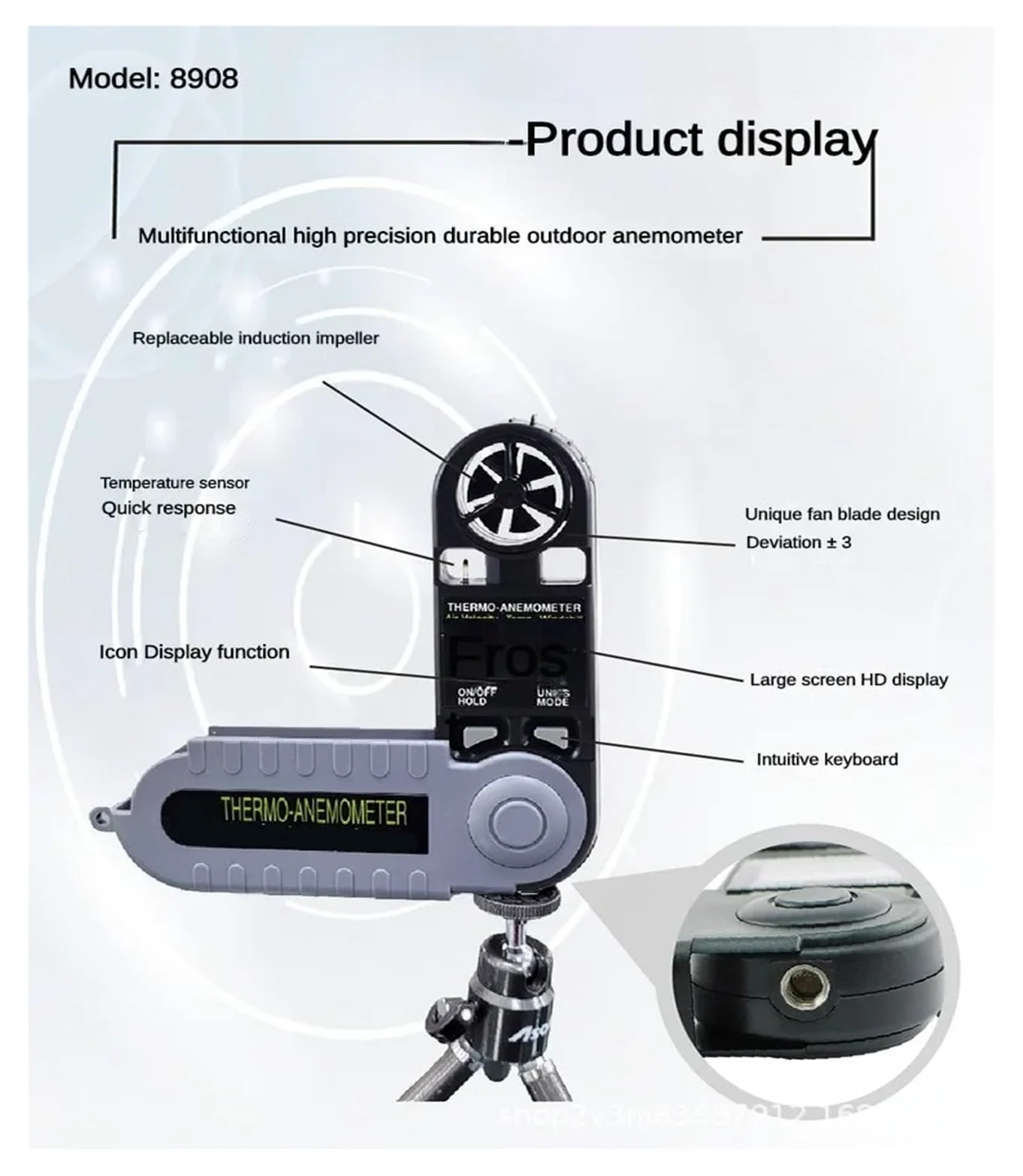 Anemometro Portatil, Anemómetro térmico digital de bolsillo 3 en 1 (velocidad del aire, temperatura y sensación térmica)