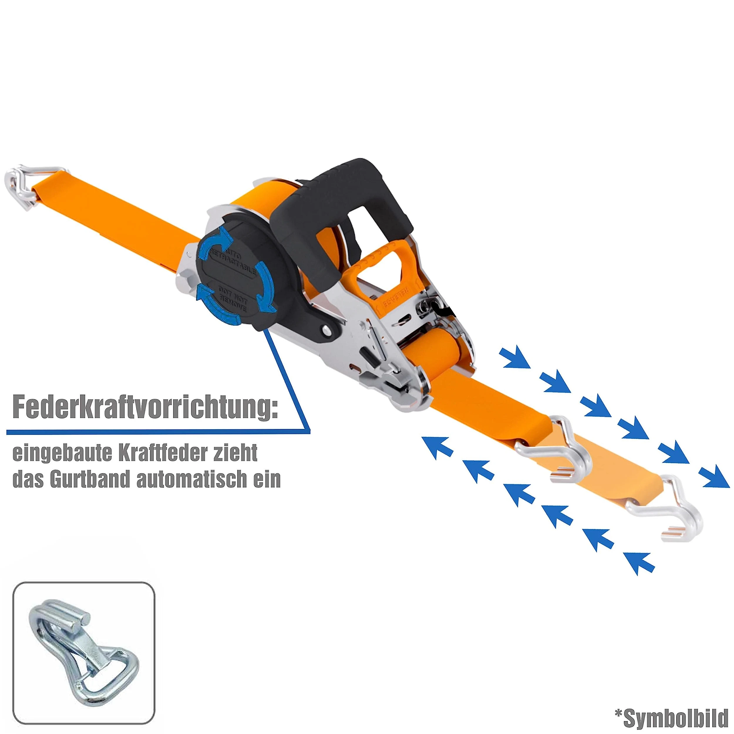 PETEX 4 Correas tensoras automáticas de carraca, autoenrollables, 1 Pieza, 5 m x 35 mm, 1000/2000 Dan, Naranja, Ganchos de Seguridad Dobles