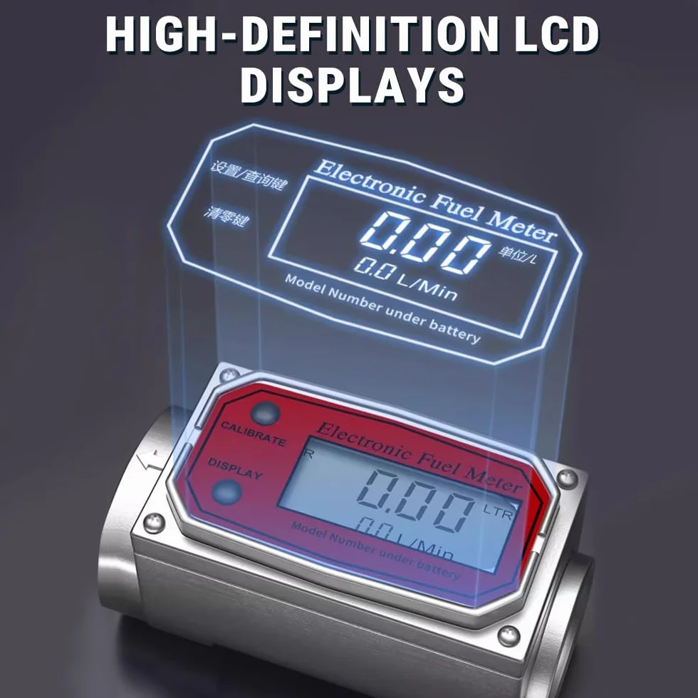 Medidor de Flujo de Turbina Digital 1" NPT 15-120L, Caudalímetro Agua con Pantalla LCD, para Diésel y Gasolina (Rojo)