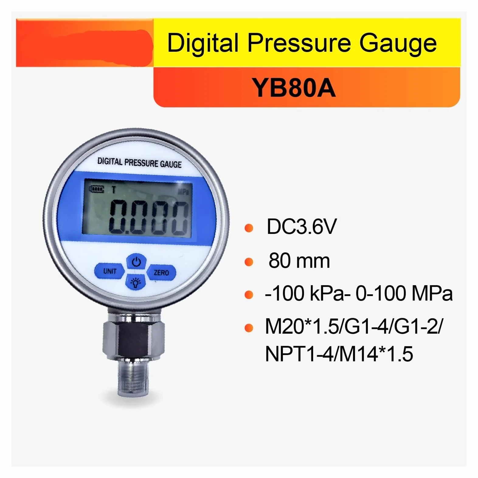 Manómetro Digital de presión YB80A, manómetro vacío precisión, Pantalla Alta, Sensor Acero Inoxidable Alimentado por batería(NPT1-2,0-100kpa)