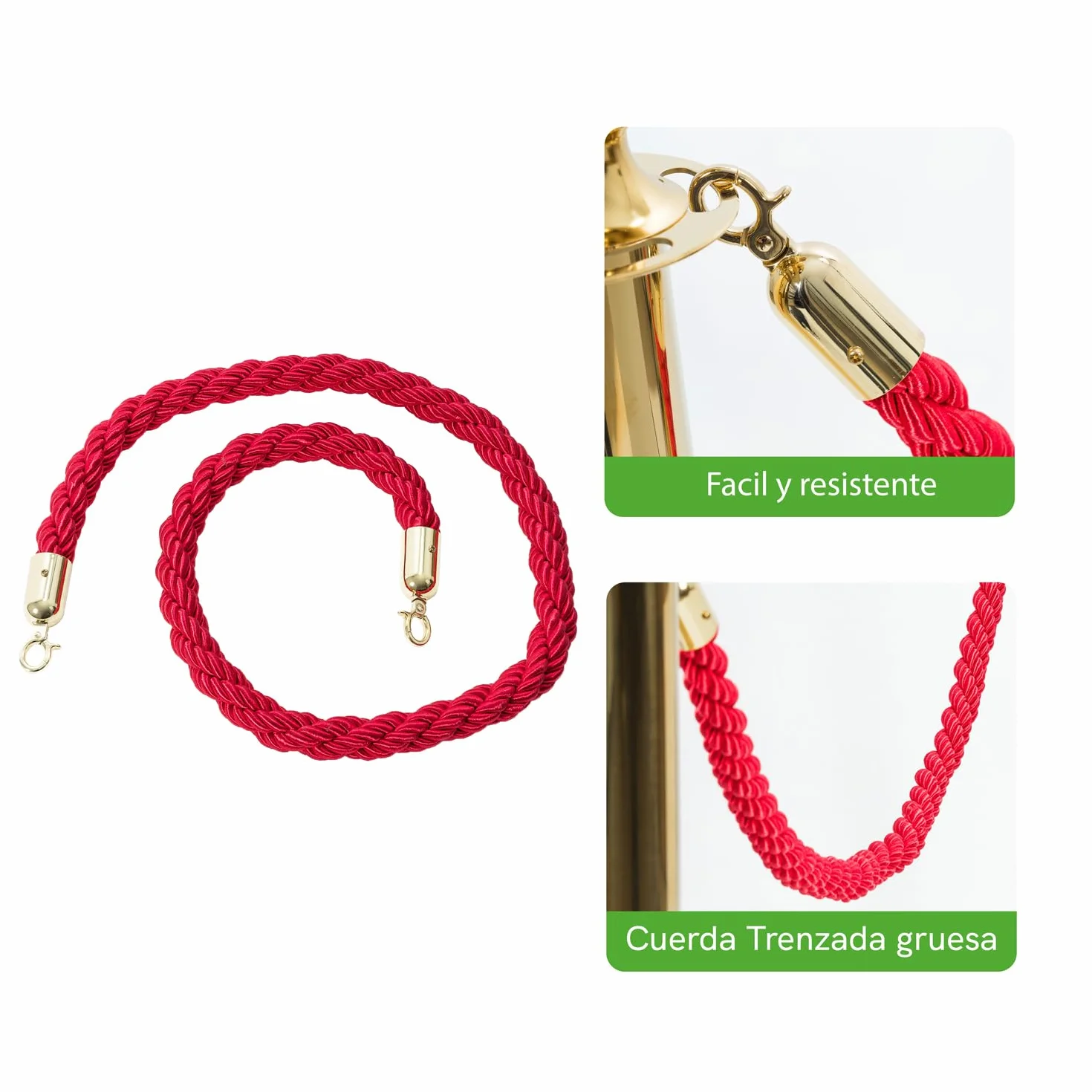 Pack Catenaria Dorada para Eventos Premium y Extensible de Acero. Poste Separador de Acero, Cordón Zona VIP Elegante para Catering con Cuerda Trenzada. (2 Mástiles + Cordón)