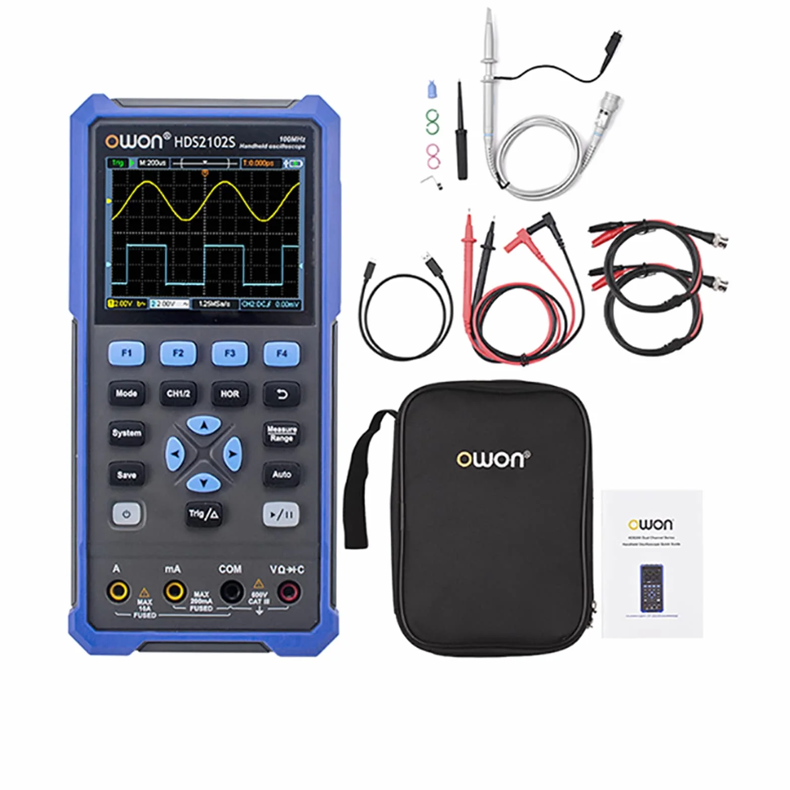 OWON HDS2102S - Osciloscopio portátil de 2 canales de 100 MHz ancho de banda 20000 cuentas multiumeter OSC + DMM + generador de forma de onda