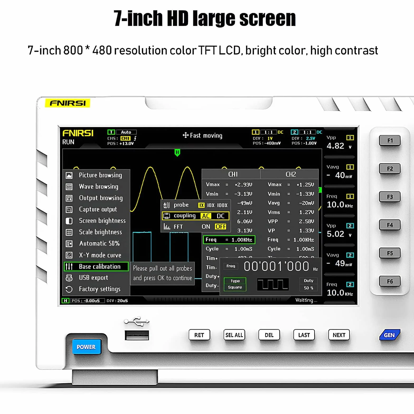 FNIRSI Osciloscopio 1014D - Osciloscopio digital 2 en 1, generador de señal DDS, 2 canales de 100 MHz de ancho de banda 1GSa/s