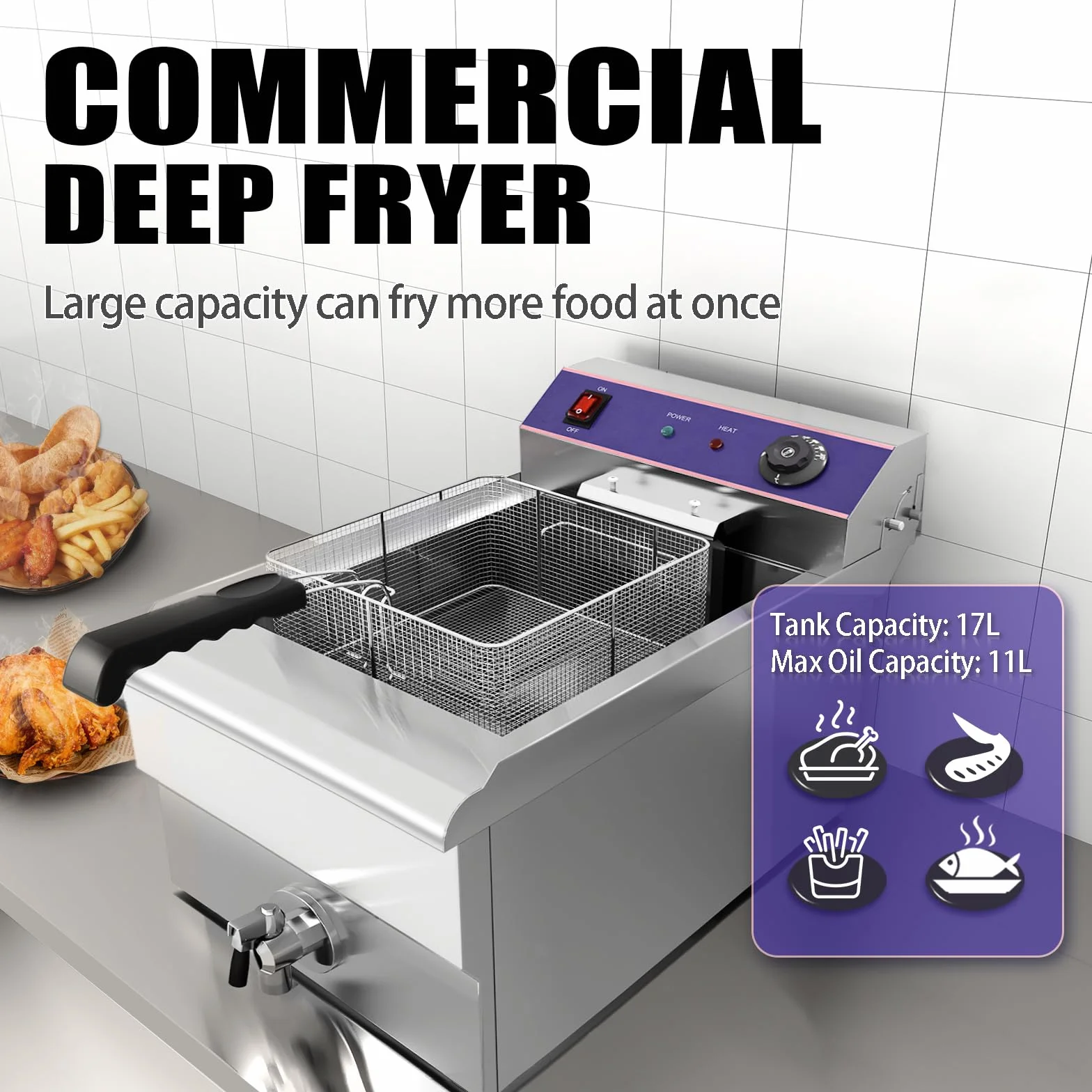 Freidora Eléctrica Profesional 17L, Freidora eléctrica comercial de acero inoxidable con grifo, Capacidad máxima de aceite 11L