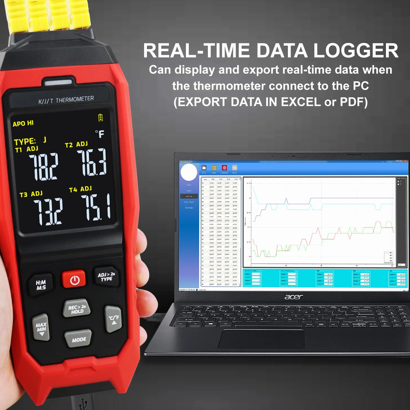 Registrador de Datos de Termómetro Termopar Termómetro Digital Tipo K de 4 Canales, Registrador de Datos de Temperatura en Tiempo Real, 5000 Grupos de Registros, Alarmas Acústicas/Visuales -328~2501°F