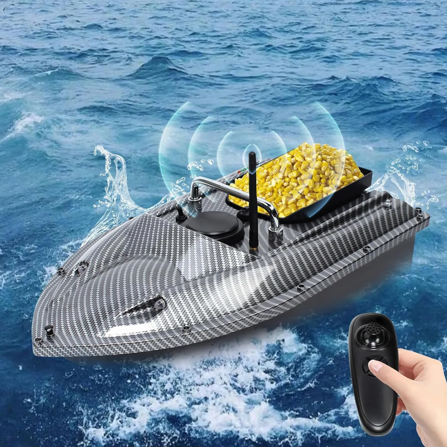 Barco cebador de pesca controlado a distancia 500m LED 1.5KG gran contenedor de cebo