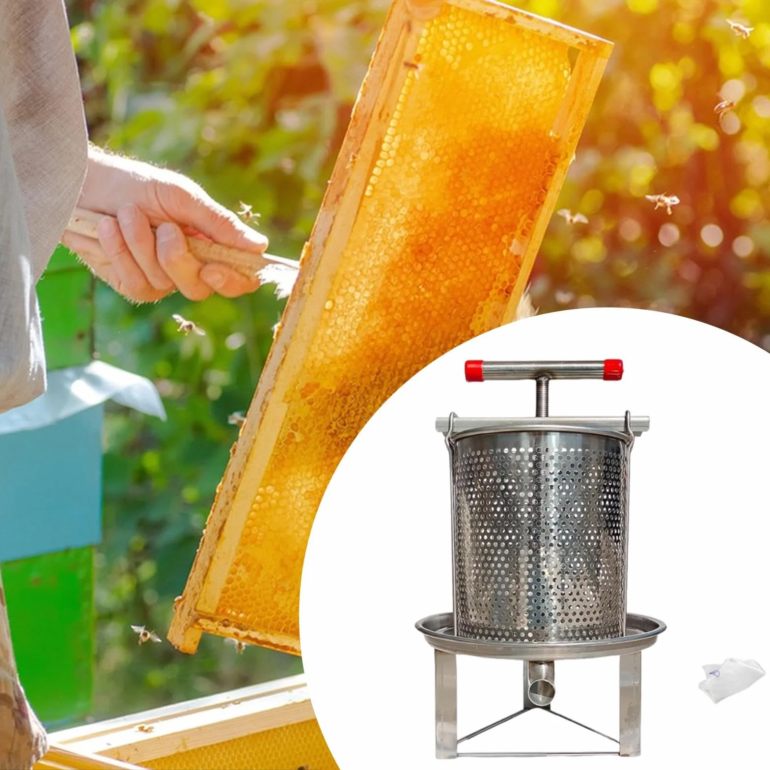Prensa de Miel con Mango en Forma de T para extracción de Vino y, Panal y Verduras, 1 Malla de Filtración
