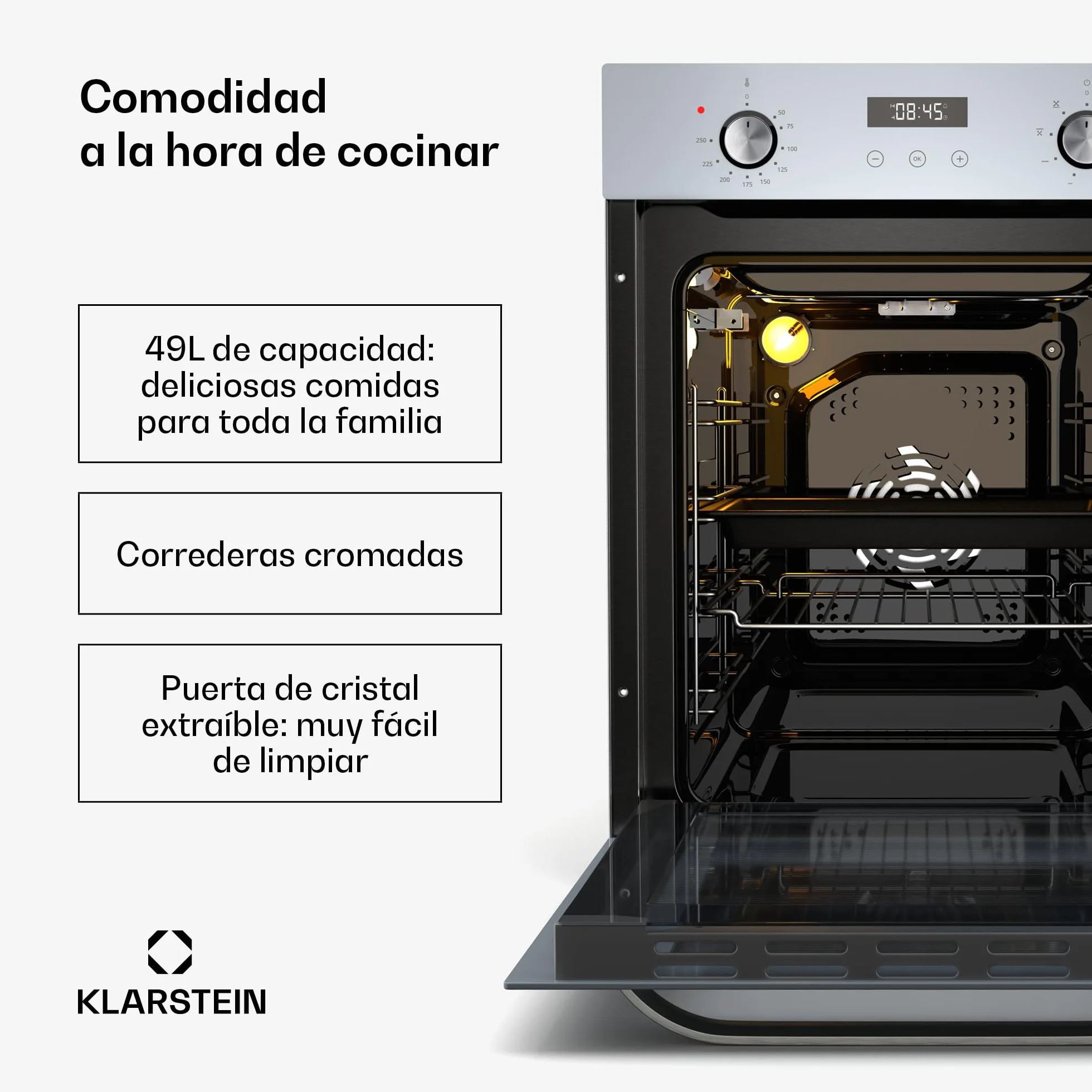 Klarstein SmartSlim Horno Eléctrico Empotrable 49L 9 Funciones Grill Ventilado Cristal Negro Clase A 45 cm