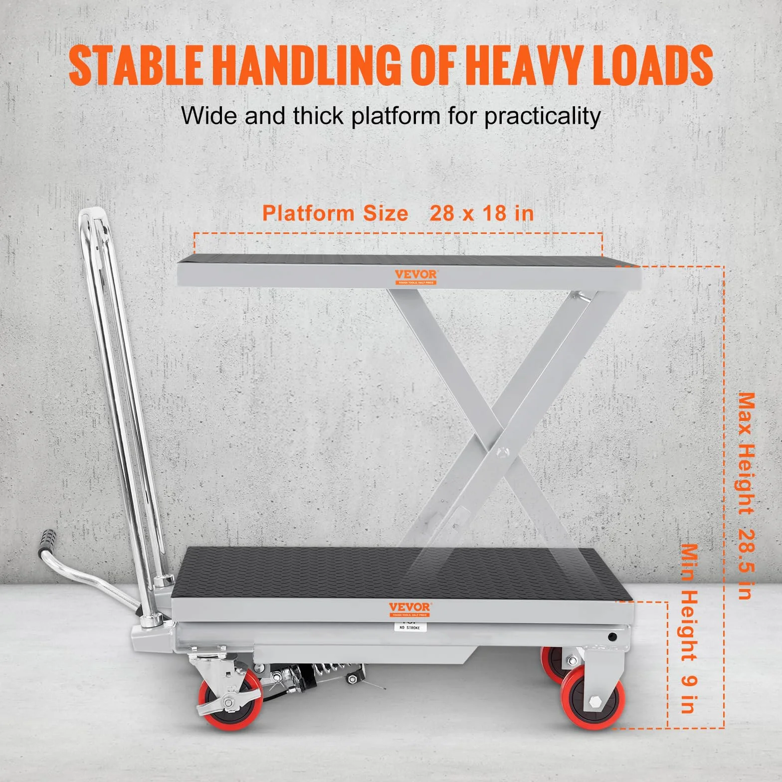 VEVOR Carro Hidráulico de Mesa Elevadora Capacidad de Carga de 230 kg Elevador Manual de Tijera Simple Altura de Elevación de 720 mm 4 Ruedas Cojín Antideslizante para Manipulación Transporte, Gris