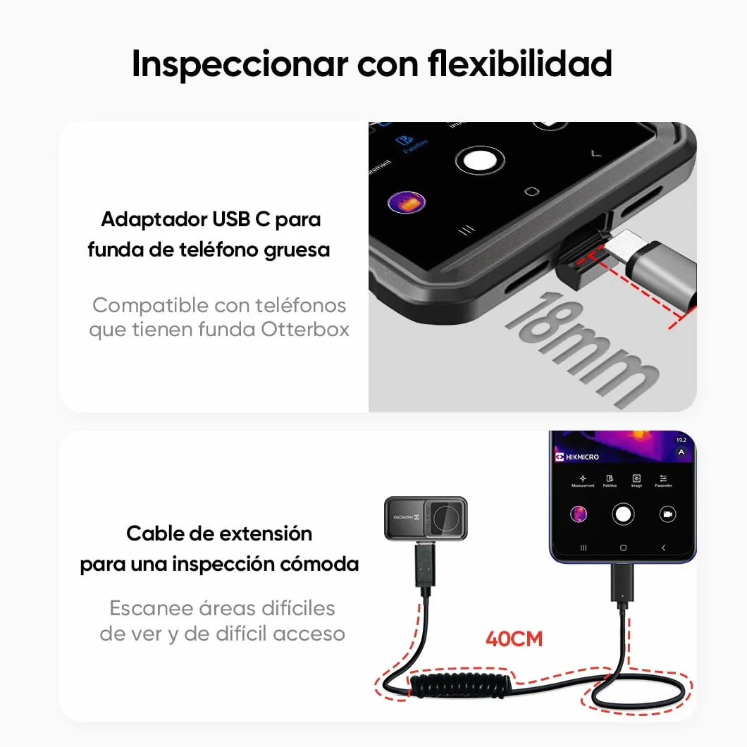 Cámara térmica HIKMICRO Mini2 Android, resolución IR de 256 x 192, Cámara termográfica, frecuencia de imagen de 25 Hz, gran angular de 50°, 49.152 píxeles, -20°C a 350°C, USB-C (no apta para iPhone)
