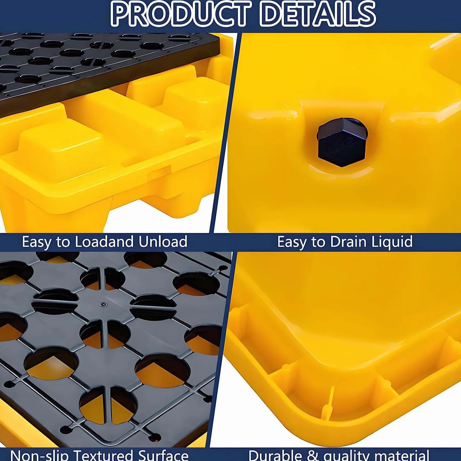 Plataforma Industrial Contención Derrames, Bandeja Modular Contención Capacidad Carga 1/2 Bidón, Tarima Antiderrames Amarilla Y Negra, Orificios Drenaje 66 * 36 * 12cm