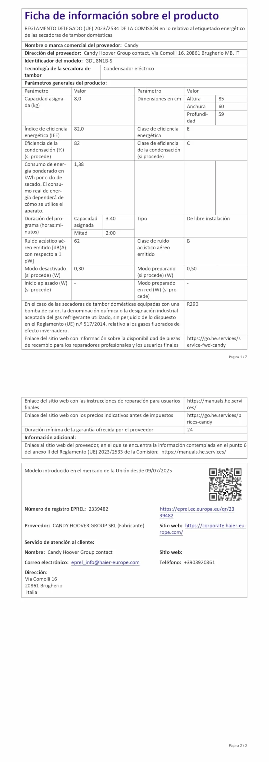 Candy ProDry 300 GDL 8N1B-S Secadora 8KG Bomba de Calor Panel Digital AI Smart Move Blanco