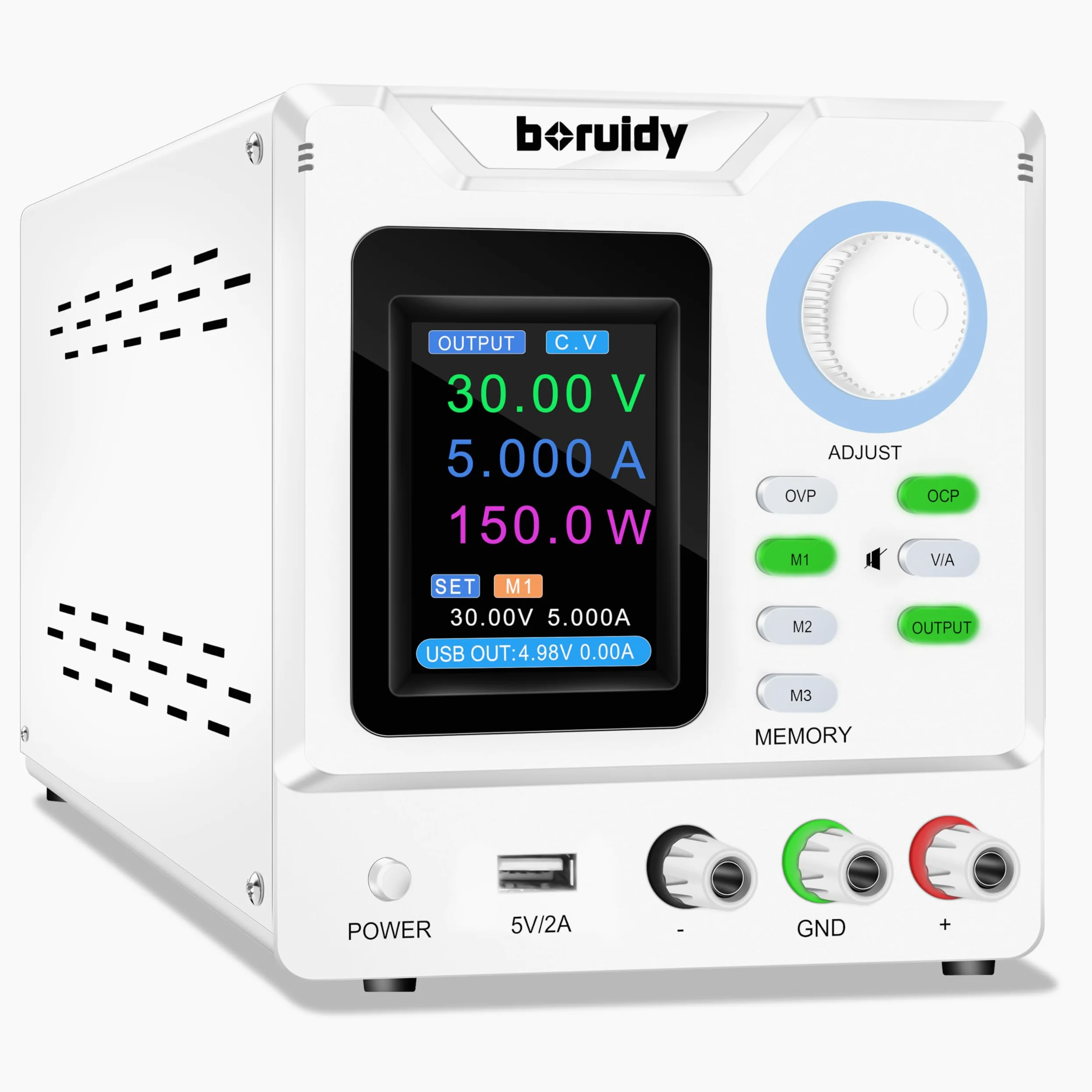 Alimentación de laboratorio ajustable 30 V 5 A boruidy 150 W codificador de alimentación estabilizada ajustable con memorias/salida/OCP OVP con carga rápida USB Pantalla en tiempo real y pantalla TFT