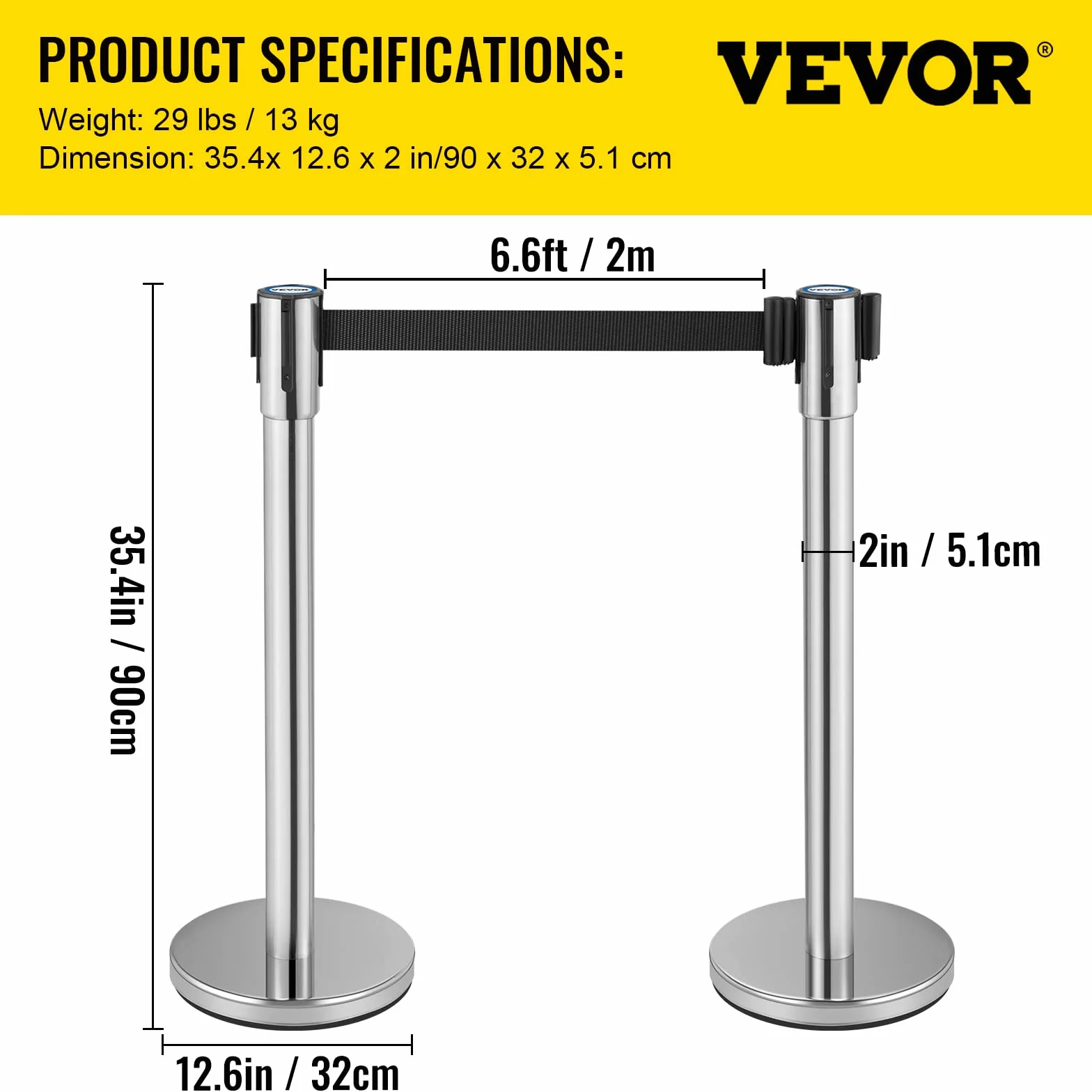 VEVOR Poste Separador con Cinta Extensible 2 m, Altura 90 cm, Base 32 cm, Negro, 2 Piezas