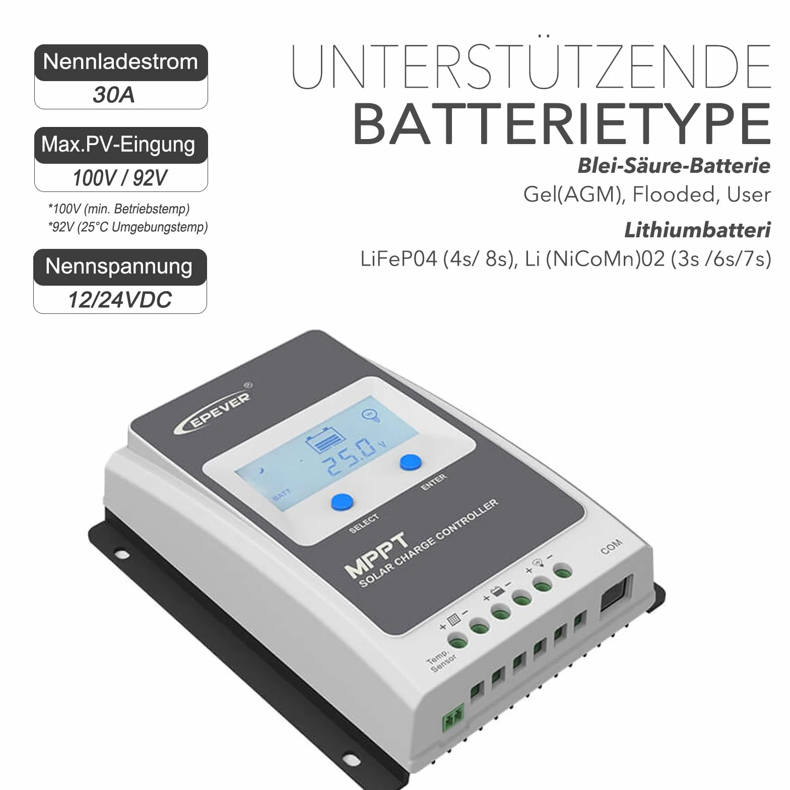 EPEVER® MPPT Tracer-AN G3 – Tracer3210AN G3 Regulador de Carga Solar, 30A, 12/24VDC auto work, PV 100V, Pantalla LCD, Puesta a tierra negativa común