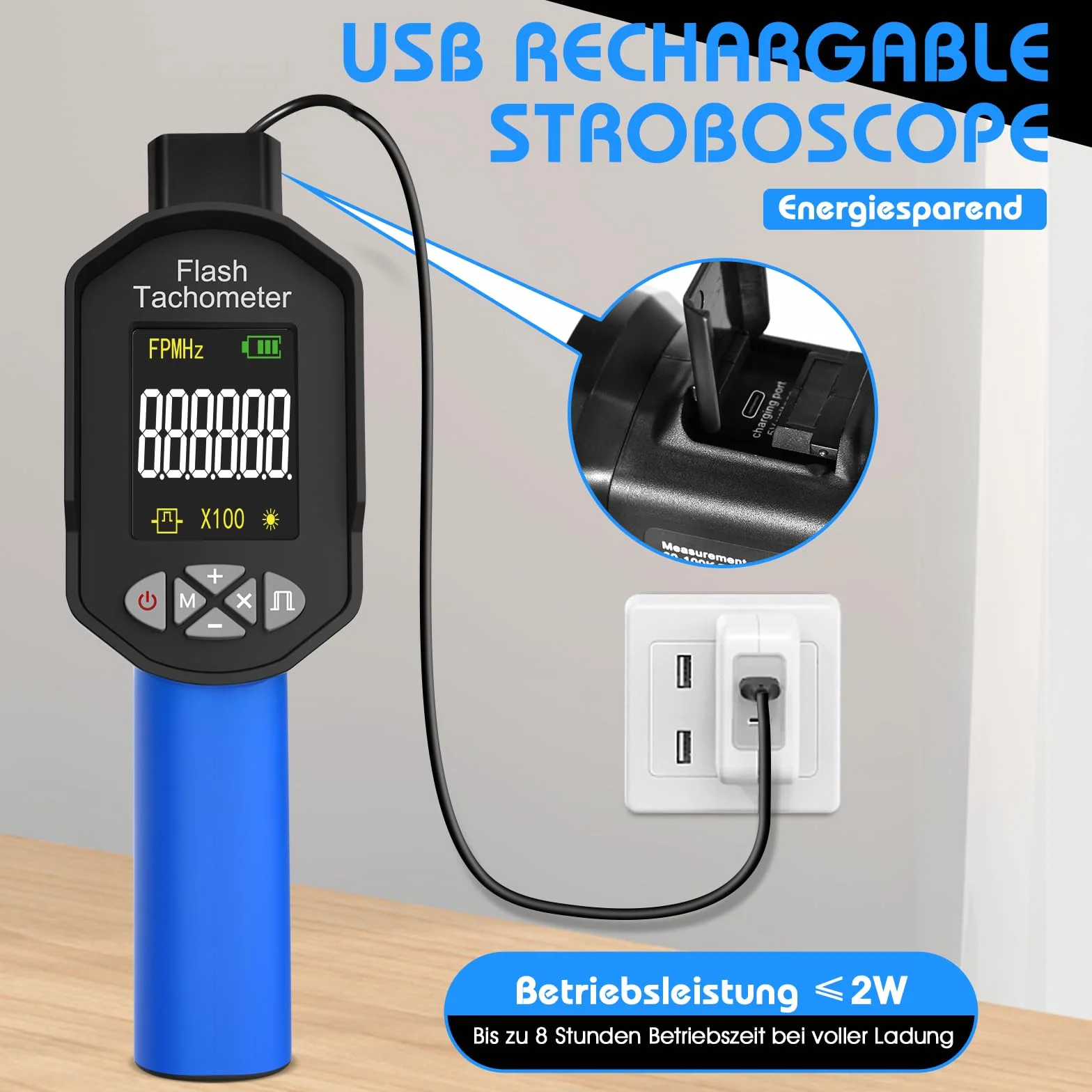 RPM Estroboscopio Digital AIOMEST AI-8000B Medidor de RPM Sin Contacto 60~100.000 RPM/Hz Alta Precisión 0,001% Luz Estroboscópica Ajustable