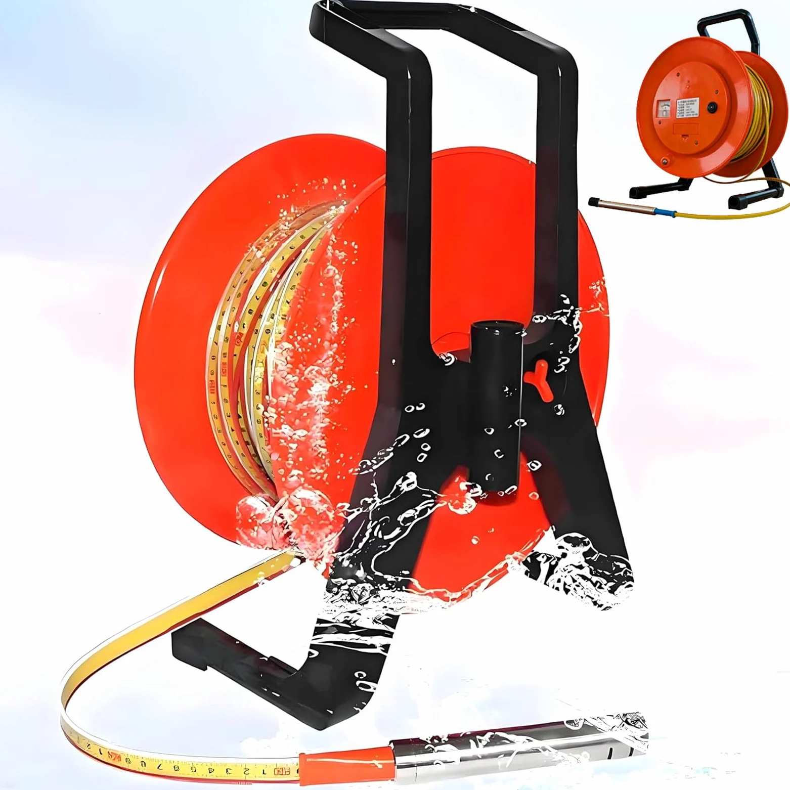 Medidor de nivel de agua y sonda de profundidad para pozos, con carrete de cable de 10 a 500 m, sonda de acero inoxidable y voltímetro; para el monitoreo de perforaciones, pozos y depósitos. 10m