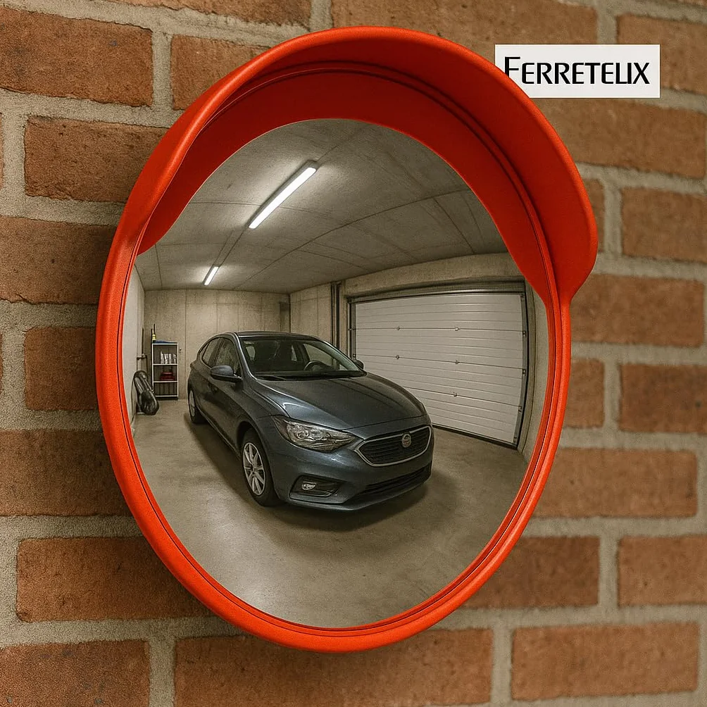 FERRETELIX® Espejo de Tráfico Convexo 80 cm Exterior – Irrompible – Visera Solar – Con Soporte para Poste Ajustable + Soporte para la pared – Alta Visibilidad (80)